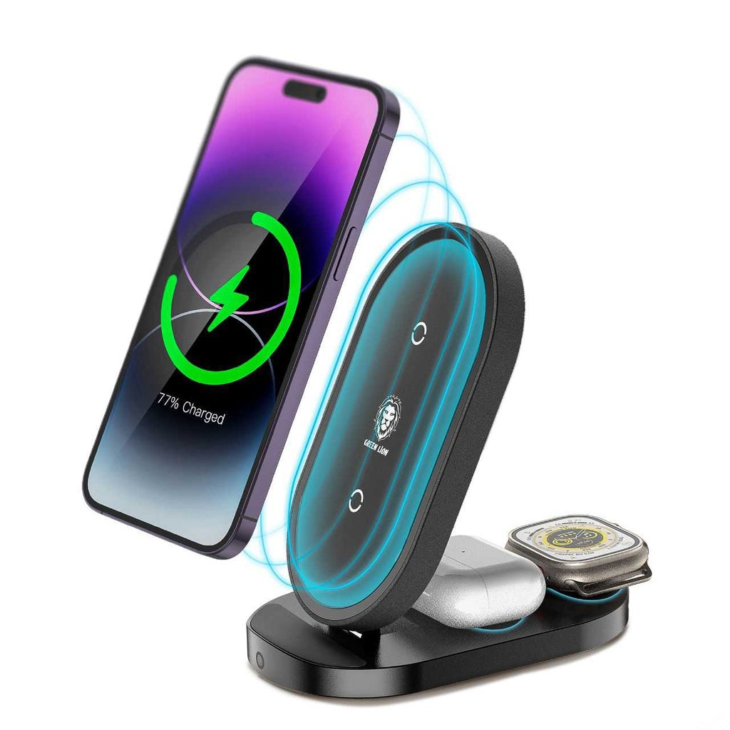 3-in-1 Wireless Charger Stand with Foldable Design - Fast Charging for iPhone, Samsung & AirPods - Perfect for Home, Office & Travel Use