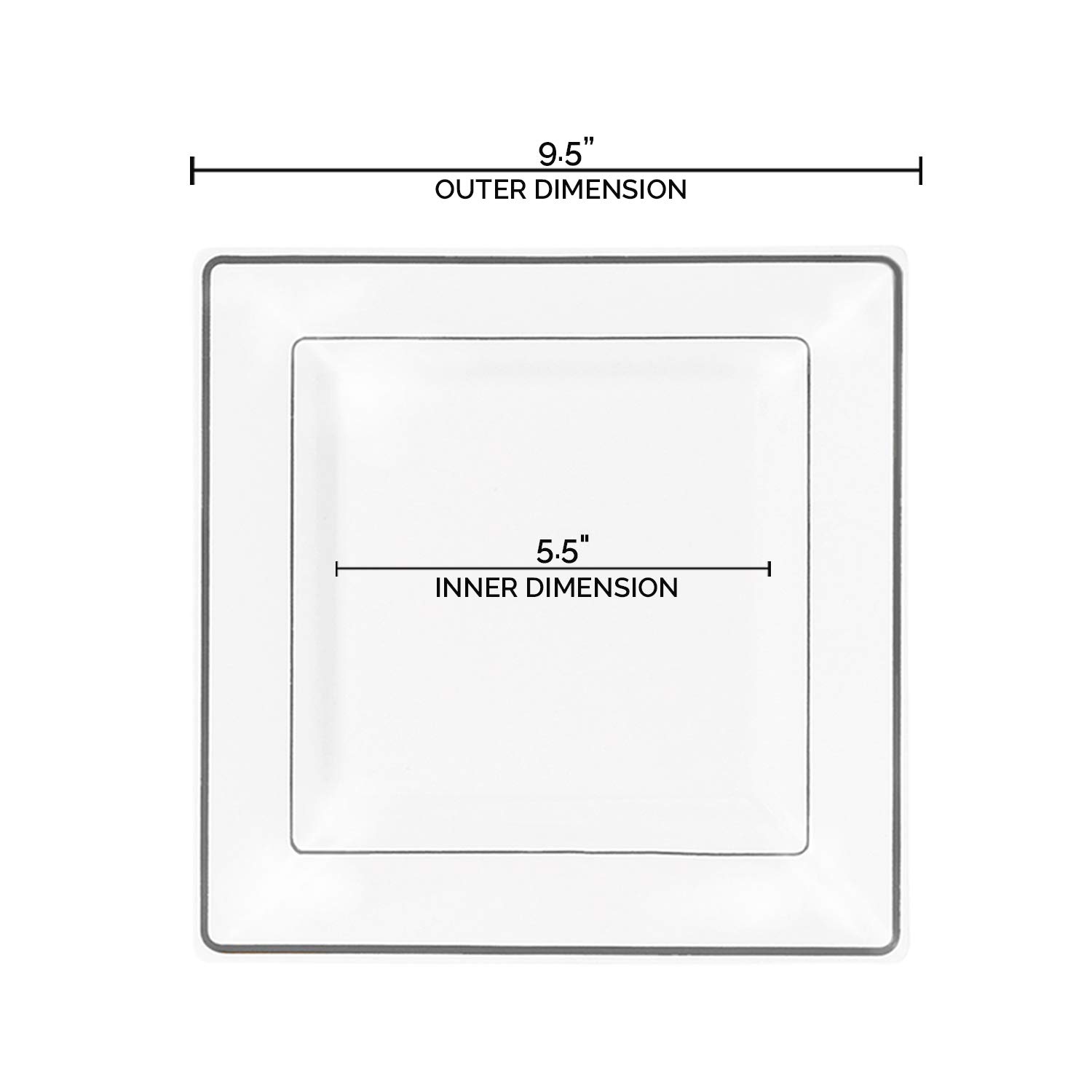 Premium Heavy-Duty Disposable Square Plastic Plates - Elegant White with Silver Trim, 9.5 Inch (120 Count) - Perfect for Weddings, Birthdays, Parties, Catering & Special Events - Durable Dinnerware for Indoor/Outdoor Entertaining