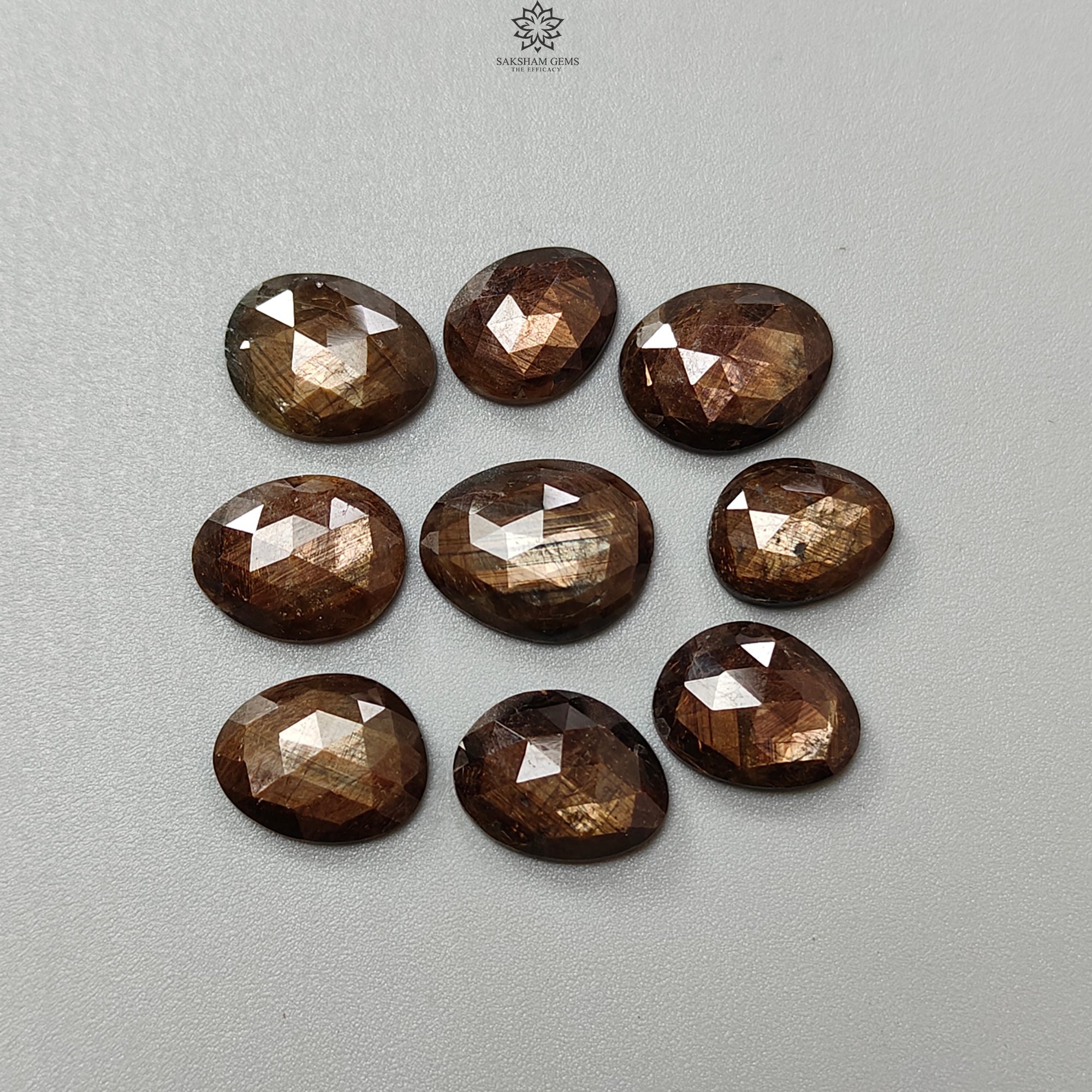 Natural Untreated Golden Brown & Silver Gray Sapphire Gemstone Rose Cut Slices - Faceted Egg Shape 9pcs Lot for Jewelry Making (Perfect for Rings, Necklaces, Earrings & DIY Craft Projects)