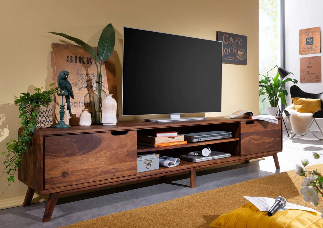 Gfine Solid Sheesham Wood TV Stand with 2 Doors - 175x40x50cm - Modern Entertainment Center for Living Room & Home Theater