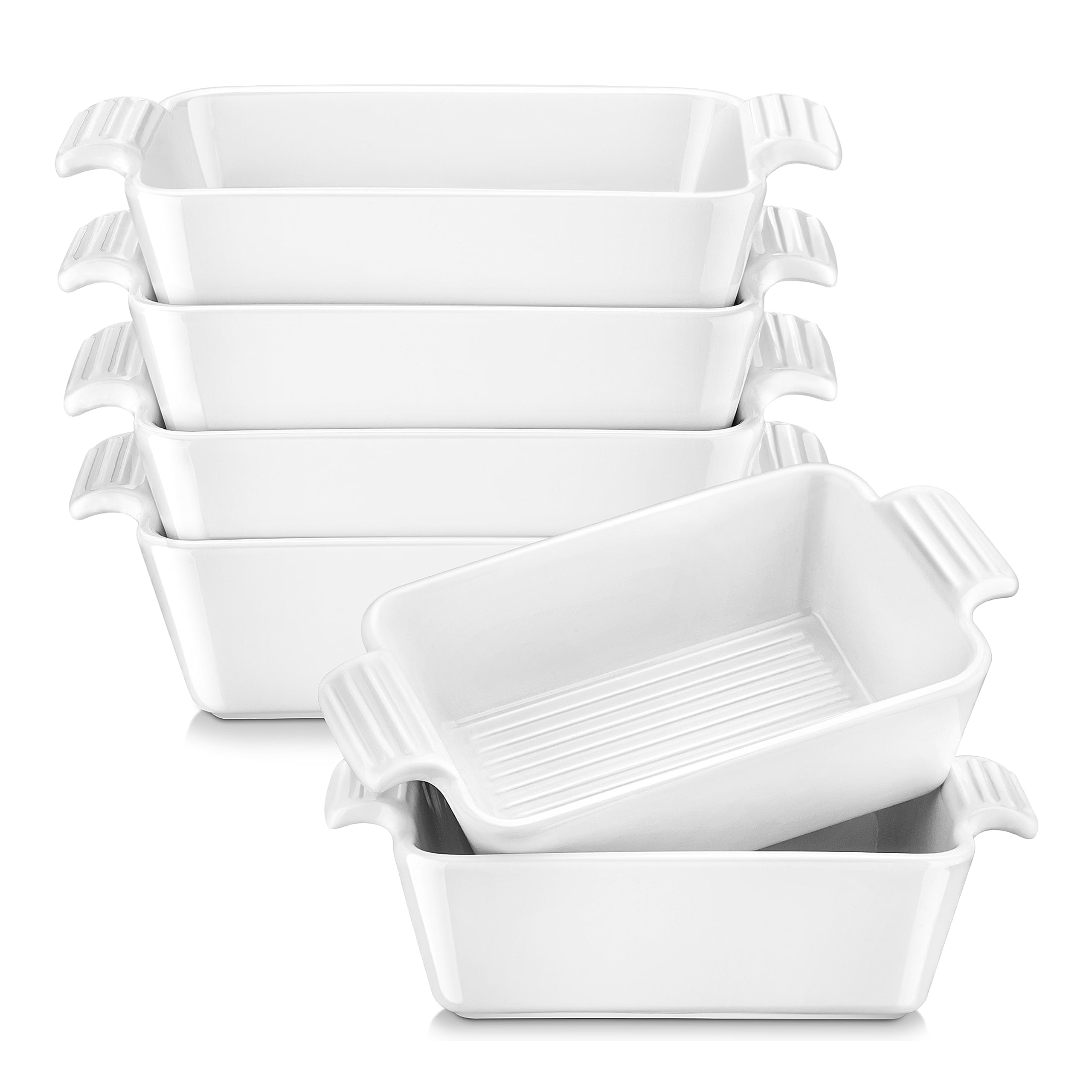 MALACASA 6-Piece Porcelain Ramekin Set - 7.5 oz White Rectangular Souffle Dishes for Baking, Creme Brulee, Ice Cream & Desserts - Double Handle Oven-Safe Ramekins (5.9