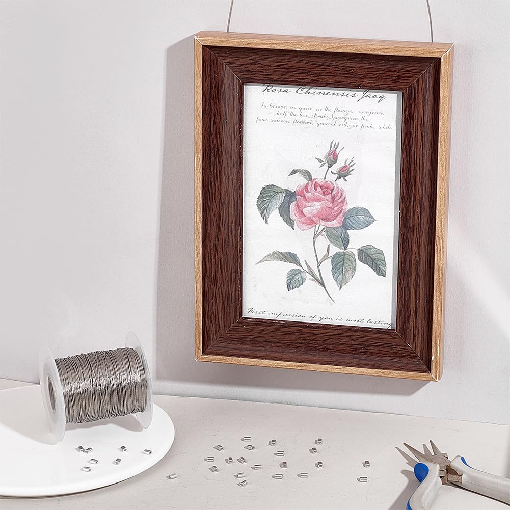 PH PandaHall 328 Feet 0.5mm Heavy Duty Stainless Steel Picture Hanging Wire - 304 Stainless Steel Photo Frame Wire with 30 Aluminum Crimping Loop Sleeves (9.7LB Load Capacity) - Perfect for Hanging Mirrors, Frames, and Wall Decor
