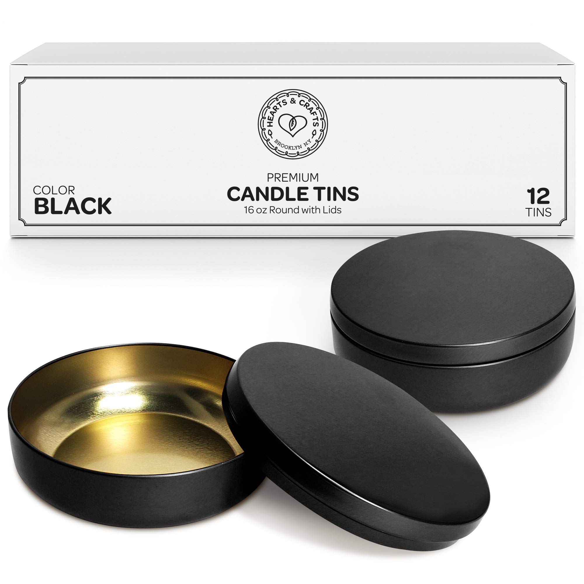 Hearts & Crafts 16 oz Black Candle Tins with Lids - 12 Pack Bulk Empty Candle Containers for DIY Candle Making, Arts & Crafts, Storage, Gift Packaging - Perfect for Home Decor, Wedding Favors & Party Supplies