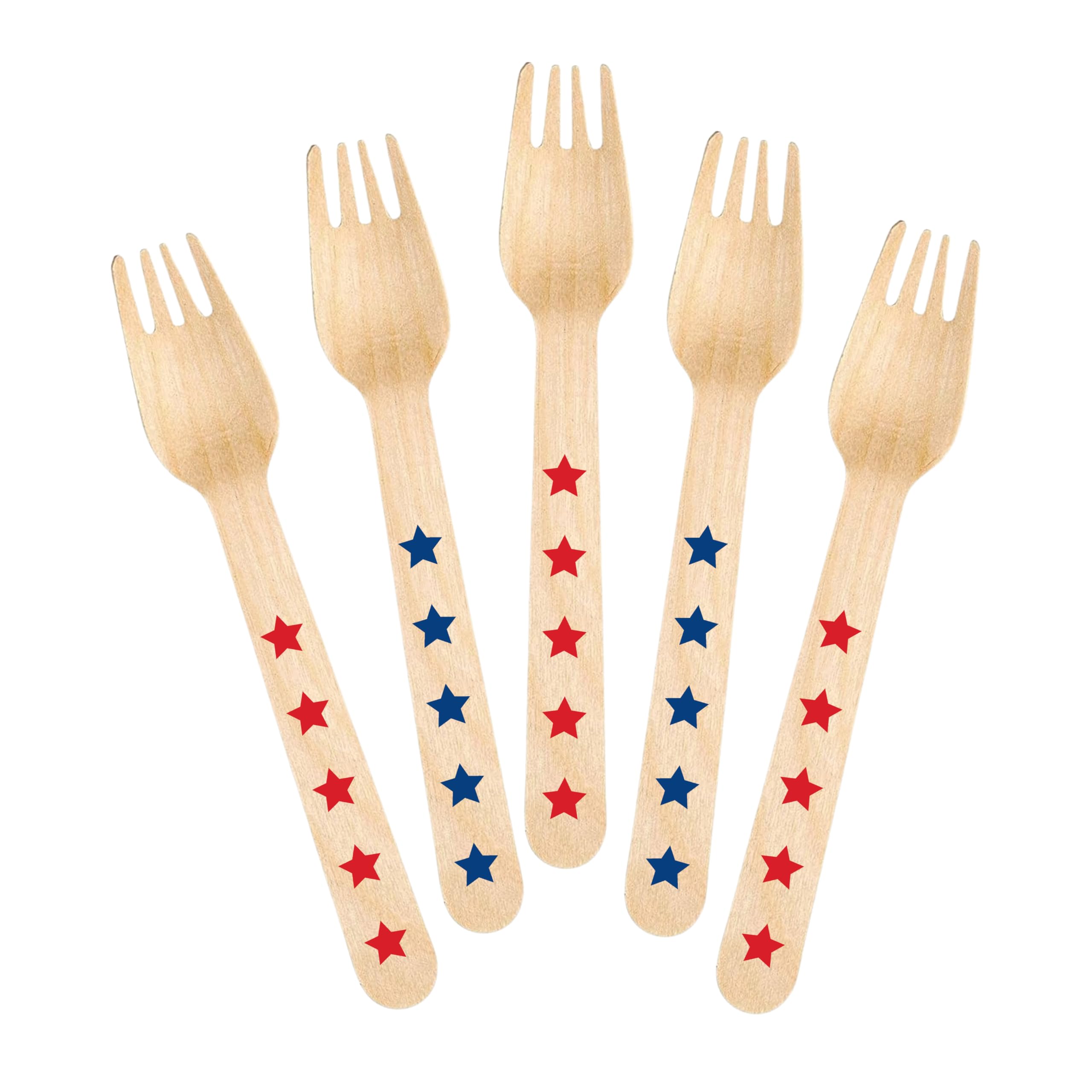 20-Pack Wooden Cutlery Forks with Star Design - Eco-Friendly Disposable Utensils for Parties, Picnics & Weddings - Blue & Red Color Options