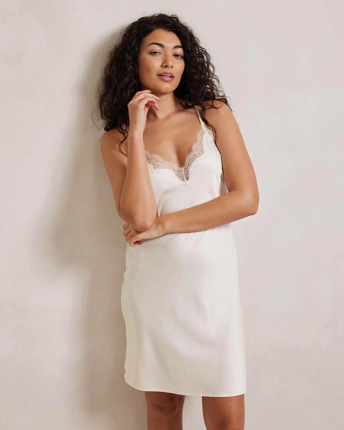 Satin Lace Trim Slip Nightdress - Ivory Elegant Sleepwear for Women | Comfortable & Breathable Nightgown for Bedtime, Lounge & Romantic Occasions