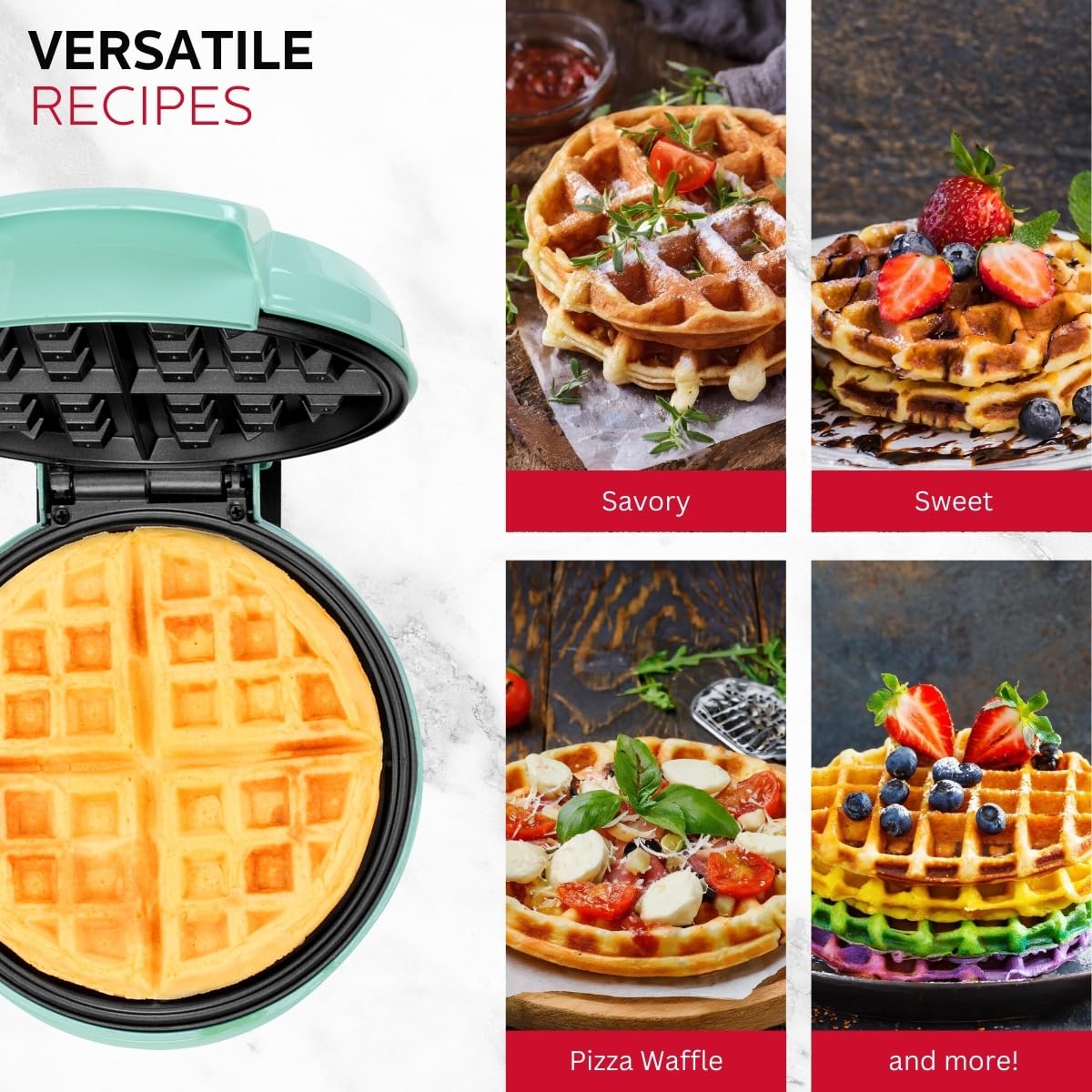 Holstein Housewares 7-Inch Belgian Waffle Maker with Non-Stick Coating - Mint Green & Stainless Steel - Quick & Easy Homemade Waffles for Breakfast, Brunch, or Dessert - Perfect for Family Meals & Entertaining