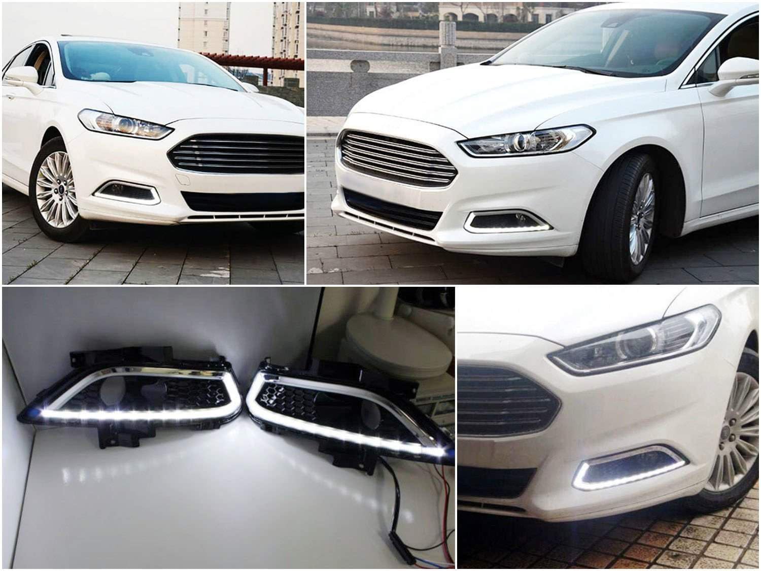 iJDMTOY LED Daytime Running Lights & Halogen Fog Lamp Kit for 2013-2016 Ford Fusion - Includes DRL Fog Bezels, Halogen Fog Lights & Wiring Harness - Perfect for Enhanced Visibility & Style on Night Driving and Bad Weather Conditions