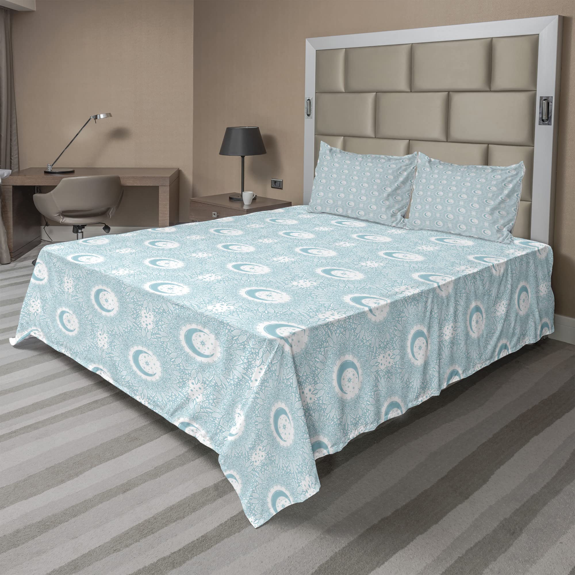 Ambesonne Bohemian Floral Crescent Moon Sheet Set - 4 Piece King Size Bedding with Fitted Sheet, Flat Sheet & Pillowcases - Blue Grey White Monochrome Oriental Design for Bedroom Decor & Guest Room Styling