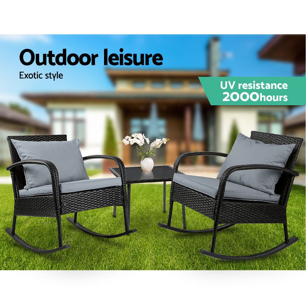 3-Piece Wicker Rocking Chair Patio Set with Table - Black Outdoor Furniture for Garden, Porch, and Backyard Relaxation