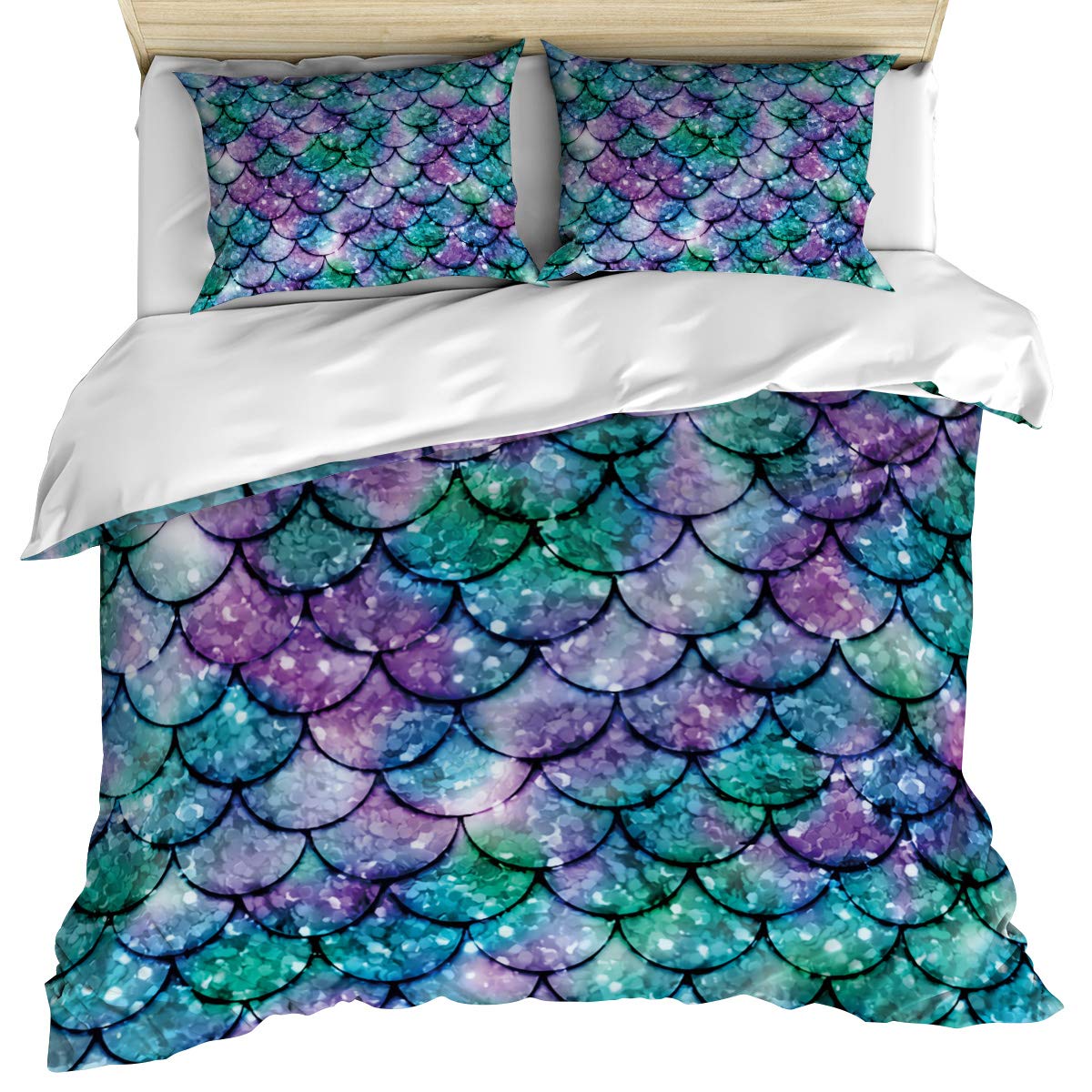 Luxury Full Size Duvet Cover Set - Vintage Fish Scale Design with Mermaid Glitter, 3 Piece Bedding (Duvet Cover + 2 Pillow Shams) | Soft Cotton, Cozy & Machine Washable | Perfect for Master Bedroom, Guest Room & Coastal Themed Decor