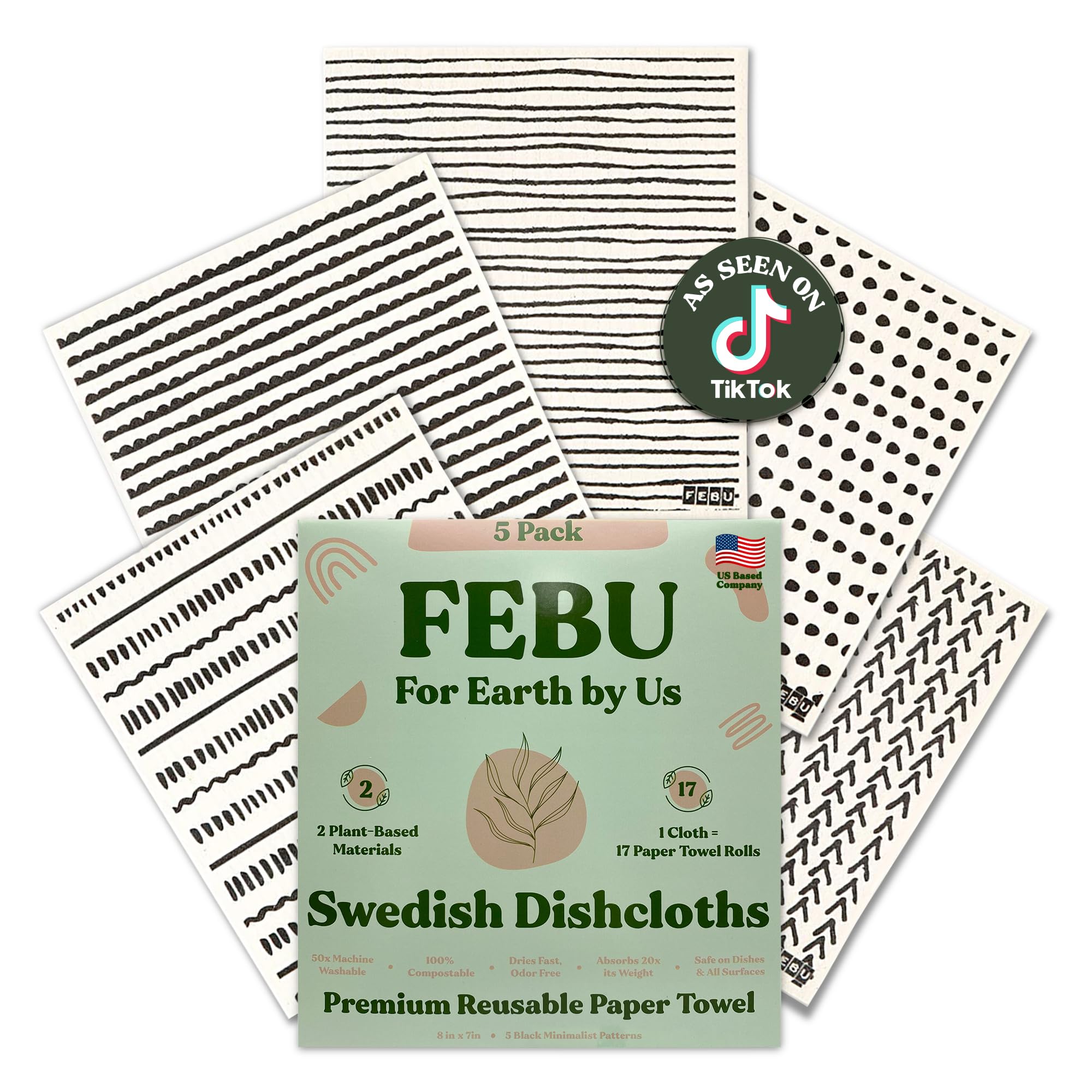 FEBU Swedish Dishcloths - 5 Pack Black Reusable Kitchen Towels | Eco-Friendly Washable Paper Towels | Non-Scratch Cellulose Sponge Cloths for Dishes & Countertops | Odor-Free, Biodegradable Cleaning Cloths | Perfect for Daily Kitchen Cleaning, Dish Drying & Surface Wiping