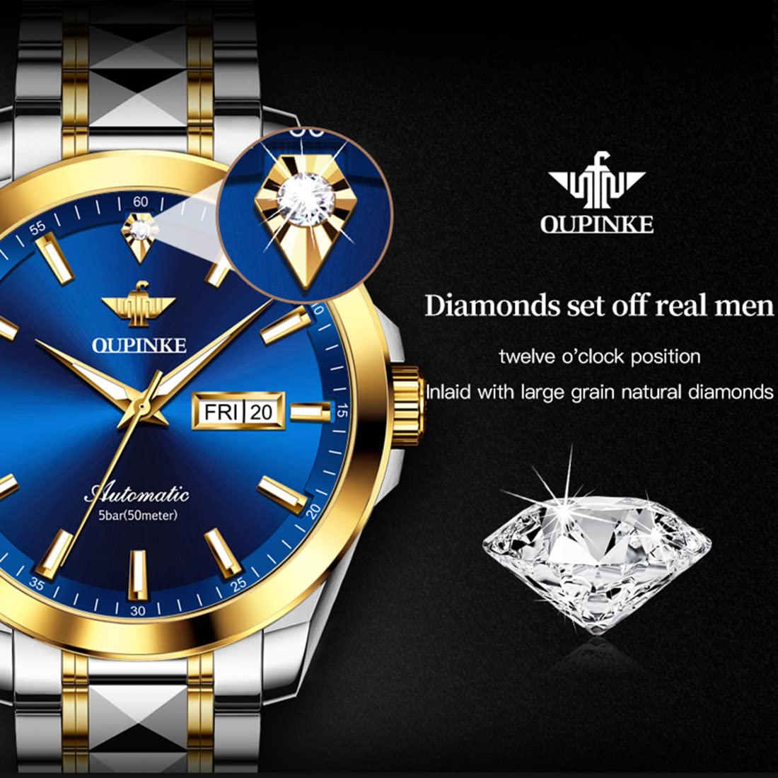 OUPINKE Men's Automatic Luxury Watch with Real Diamonds - Self-Winding Mechanical Gold Dress Watch - Waterproof Wristwatch for Business, Formal Events & Gifts