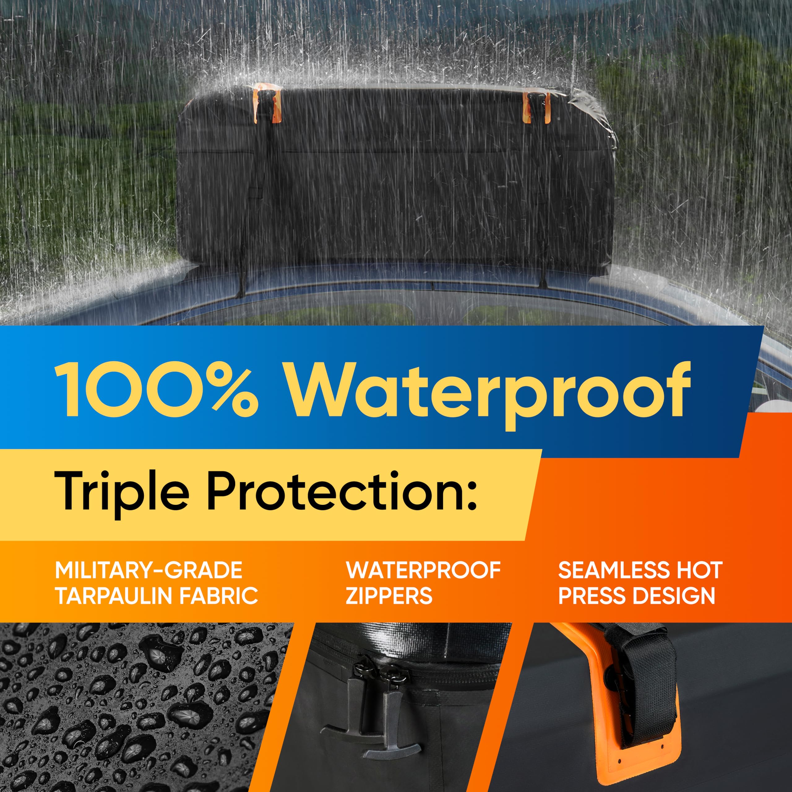 Waterproof Car Roof Bag - 15 Cubic Ft Rooftop Cargo Carrier with Anti-Slip Mat & 4 Door Hooks | Heavy-Duty Reinforced Zipper & Buckle | Universal Fit for SUVs, Sedans, Trucks | Perfect for Road Trips, Camping & Outdoor Adventures