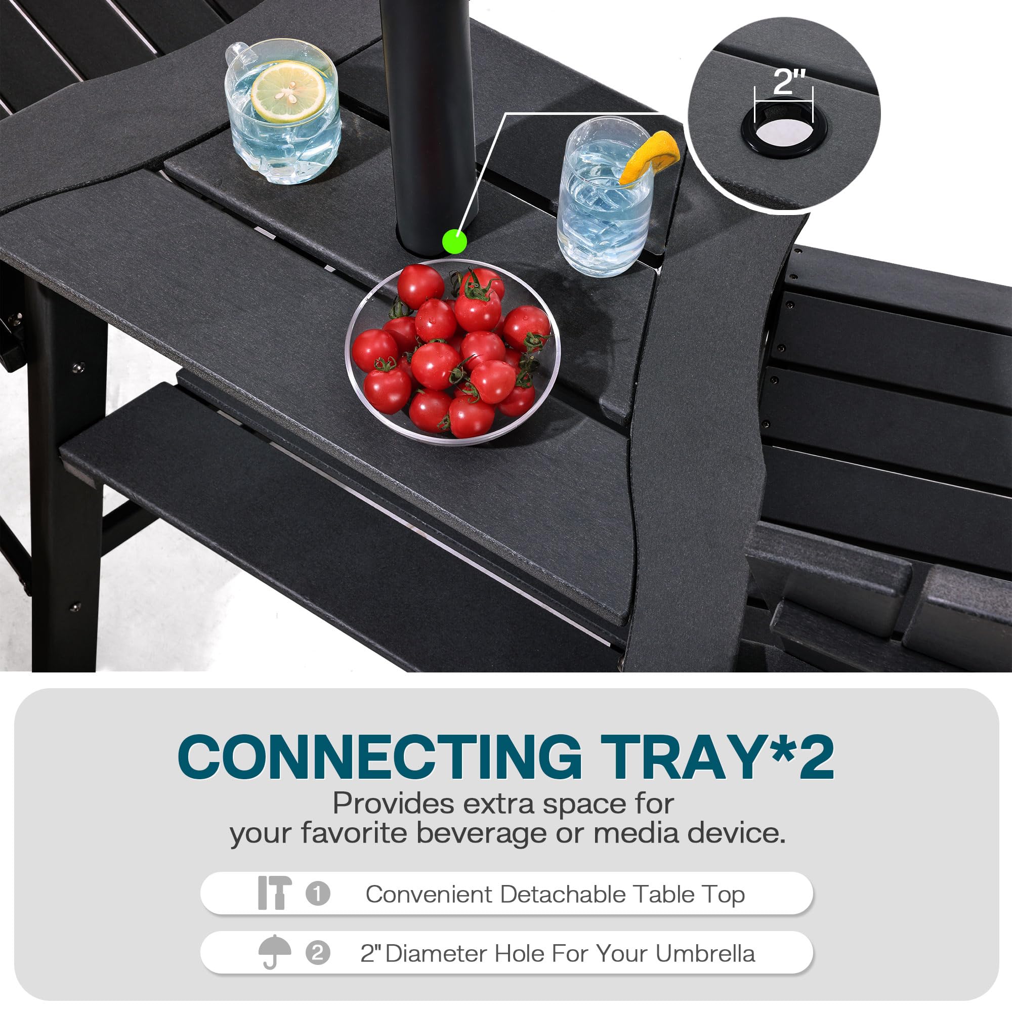 Premium HDPE Tall Adirondack Chairs Set of 2 with Double Connecting Tray - Weather-Resistant Outdoor Bar Stools for Patio, Deck, Backyard, Balcony (Black) - Perfect for Relaxing, Entertaining, and Outdoor Dining