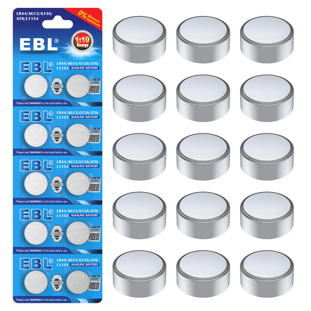 EBL LR44 AG13 G13A A76 L1154 Alkaline Button Cell Batteries - Long Lasting Power for Watches, Calculators, Toys, and Small Electronics