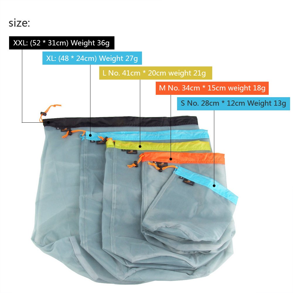 Ultralight Mesh Drawstring Storage Bag - 5 Pack Waterproof Camping Hiking Gear Organizer for Outdoor Essentials | Perfect for Backpacking, Travel & Sports Equipment Storage