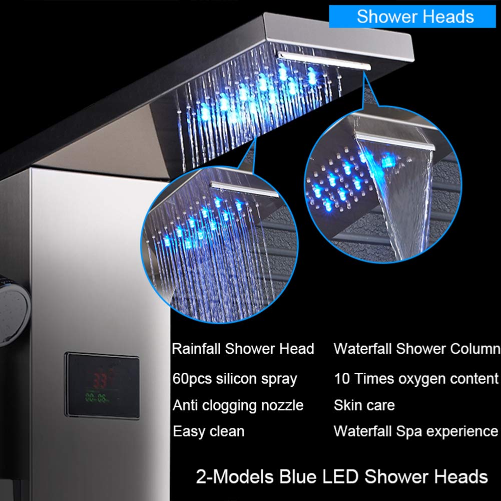 Brushed Nickel LED Shower Panel System with Waterfall Rain & Spa Massage Sprayer - Wall Mounted Shower Column for Luxury Bathroom Upgrade | Perfect for Modern Home Spa Experience & Relaxing Rainfall Shower