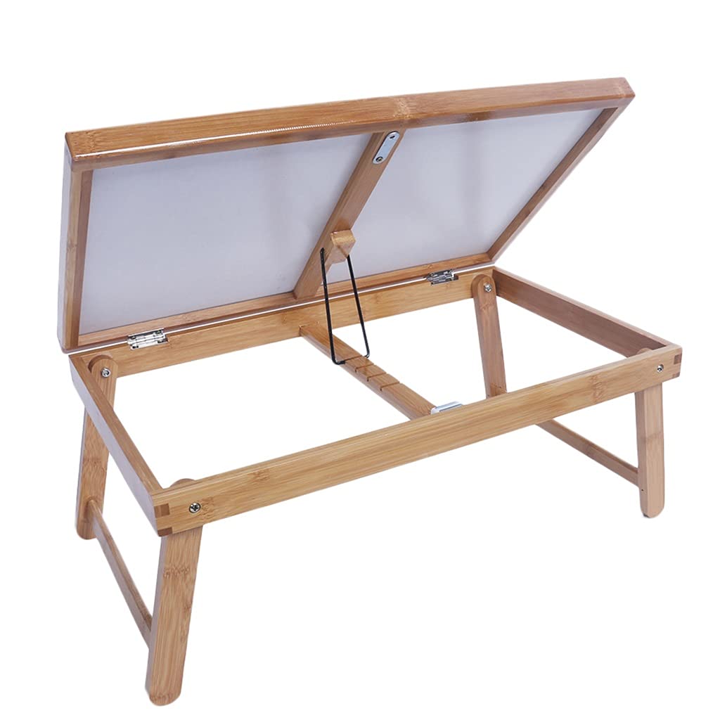 Adjustable Wooden Laptop Desk - Portable Table Top Computer Stand for Dining Table, Office & Home Use (Wood & White Color) | Perfect for Remote Work, Study & Dining Space Saving