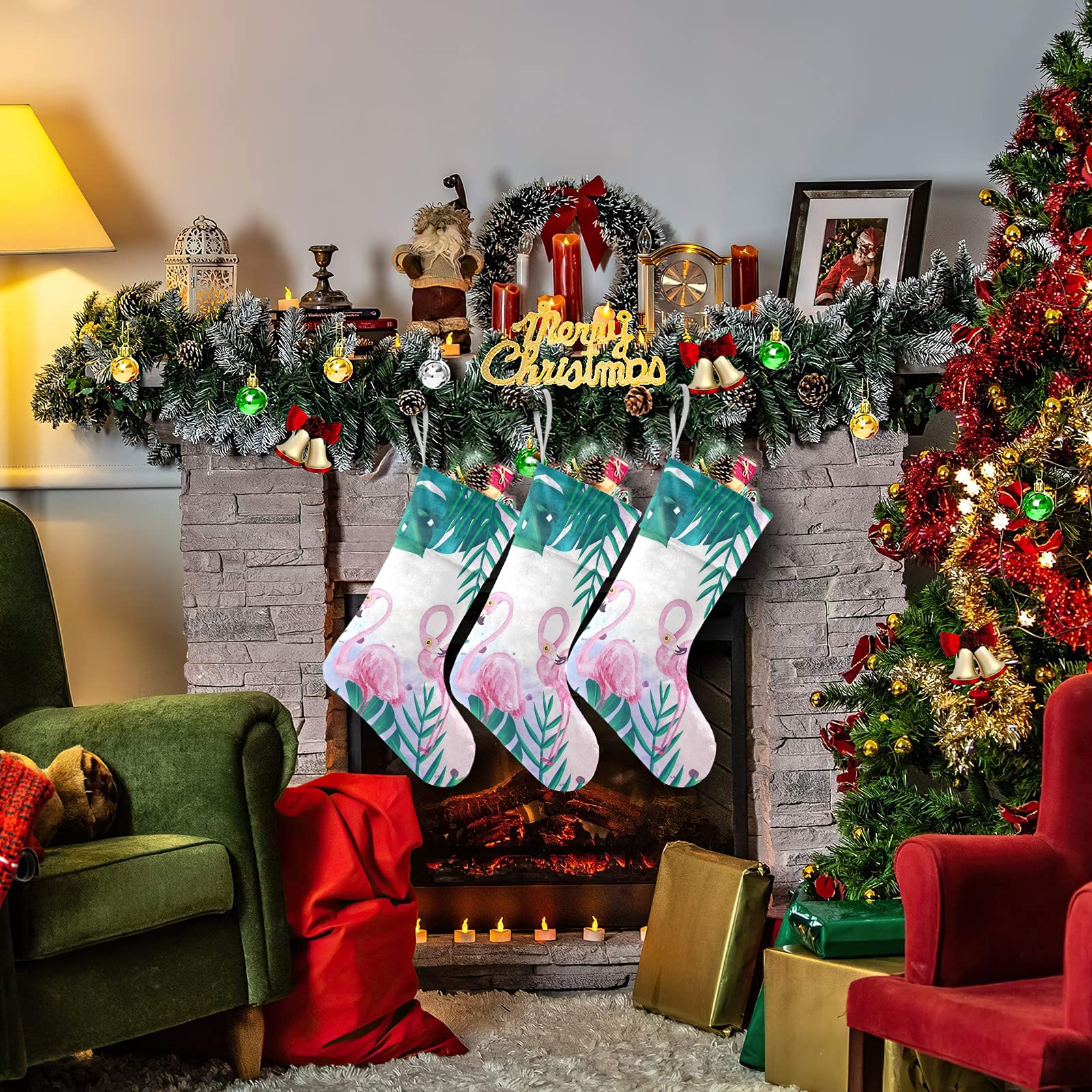 Pink Flamingo & Palm Tree Christmas Stockings - Large Family Holiday Stocking for Adults, Kids, Babies & Pets - Perfect for Girls, Boys & Xmas Decorations - Ideal for Fireplace Mantel, Gift Exchange & Festive Home Decor