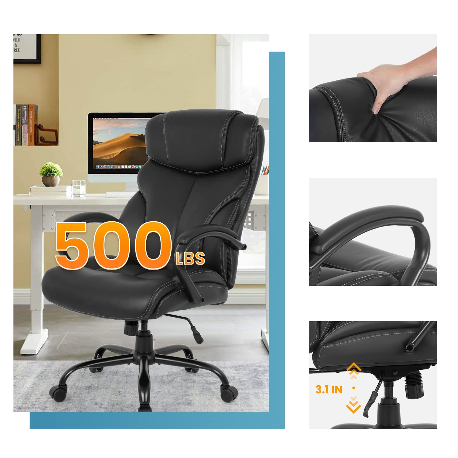 Big and Tall 500lbs Office Chair - Wide Seat Executive Desk Chair with Lumbar Support & Adjustable Arms - High Back PU Leather Ergonomic Computer Chair for Back Pain Relief - Perfect for Home Office, Gaming & Workspaces (Black)