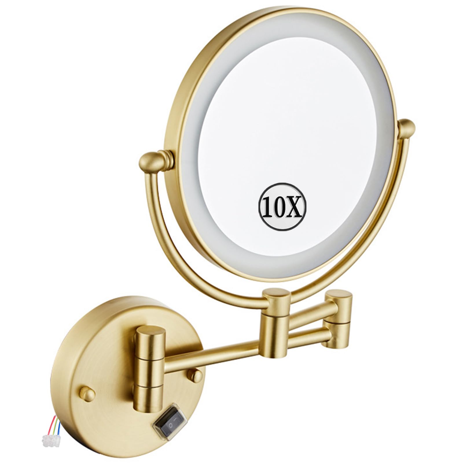 KEYQEEN LED Makeup Mirror with Lights - Double Sided 1X/10X Magnifying Mirror, Brushed Gold Wall Mounted Vanity Mirror with 360° Swivel & Extendable Arm | Perfect for Bathroom, Bedroom, Dressing Room & Makeup Studio