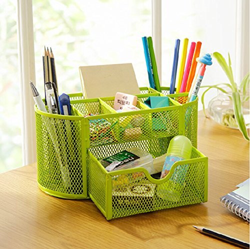 Saitec 8-Compartment Metal Wire Mesh Desk Organizer with Drawer - Space Saving Office & School Supply Storage Box - 9-Part Mesh Desktop Caddy (Green) | Perfect for Organizing Pens, Files, Stationery in Home Office, Classroom or Workspace