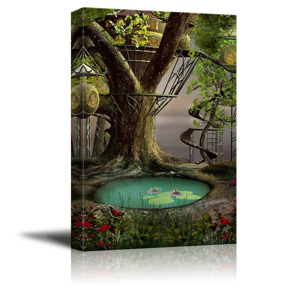 Enchanted Tree House Canvas Print - Beautiful Forest Wall Art, Modern Home Decor Stretched Gallery Wrap Giclee Print Ready to Hang - 12x18 inches - Perfect for Living Room, Bedroom & Office Decor