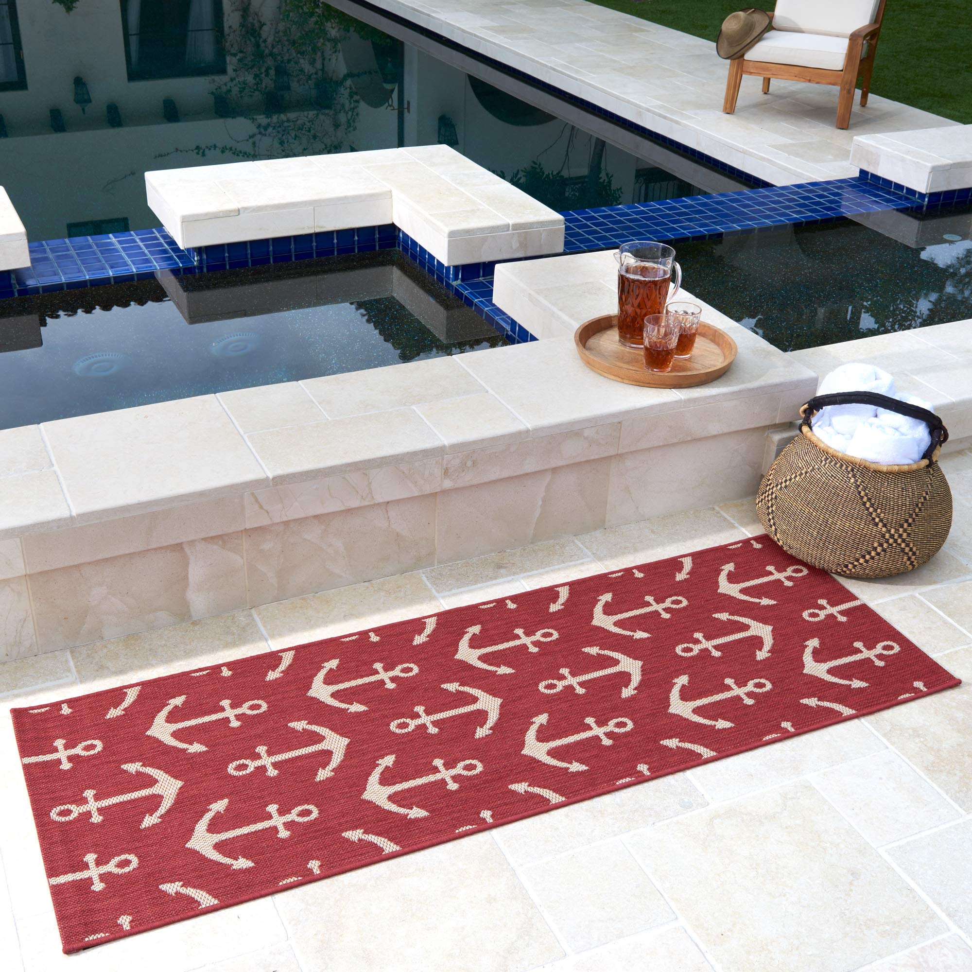 Gertmenian 2x6 Ft Indoor Outdoor Area Rug - Classic Flatweave Washable Runner - Stain & UV Resistant Carpet for Deck, Patio, Poolside & Mudroom - Anchors Design in Red - Perfect for Outdoor Entertaining & High-Traffic Areas