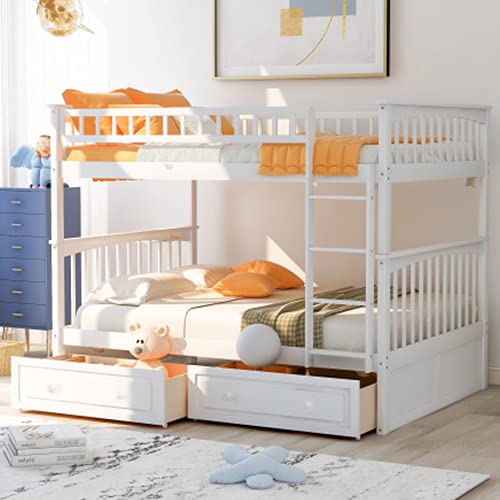P PURLOVE Full Over Full Bunk Bed with 2 Storage Drawers - Convertible Wooden Bunk Bed Frame for Kids & Teens - Splits into 2 Twin Daybeds - White - Space Saving Bedroom Solution for Small Rooms, Guest Rooms & Kids' Shared Bedrooms