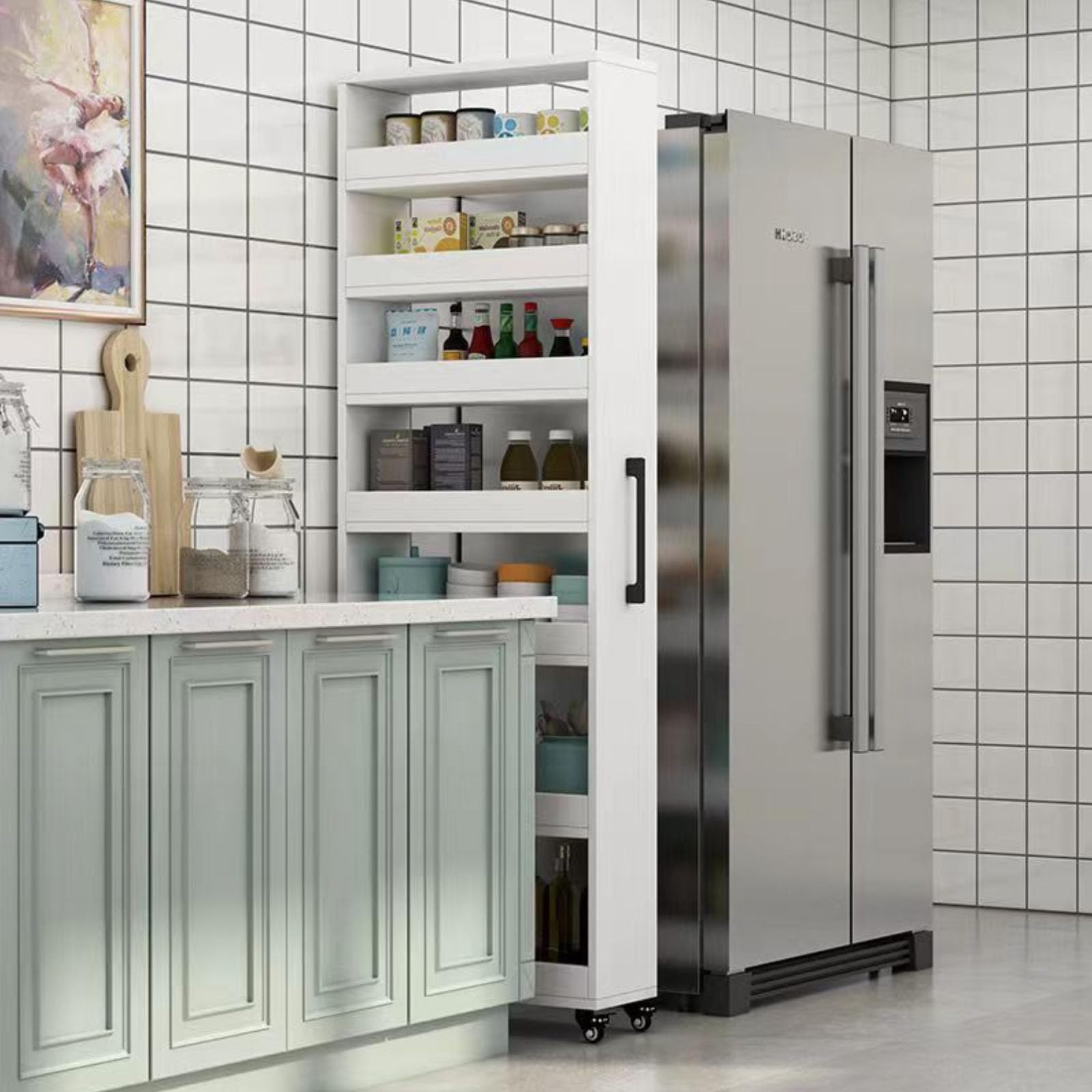 White Large Slim Storage Cart with Wheels - Narrow Rolling Kitchen Cabinet with Handle - Wood Spice Rack Organizer for Pantry, Small Spaces - Perfect for Kitchen, Bathroom, Bedroom & Office Storage Solutions