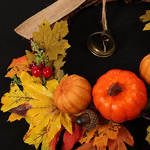 12 Inch Autumn Fall Wreath with Christmas Bell, Bow, Pumpkin & Maple Leaves - Artificial Berry Clusters Thanksgiving Harvest Wreath on Twig Base - Perfect for Front Door, Home, Office & Window Decor During Fall Season