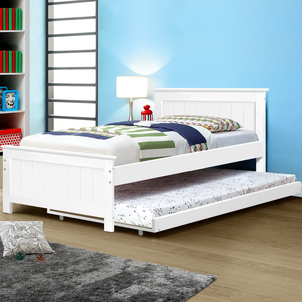 Elvis Wooden King Single Trundle Bed Frame for Kids - White Twin Size with Storage Drawer | Perfect for Small Bedrooms, Guest Rooms & Kids' Sleepovers