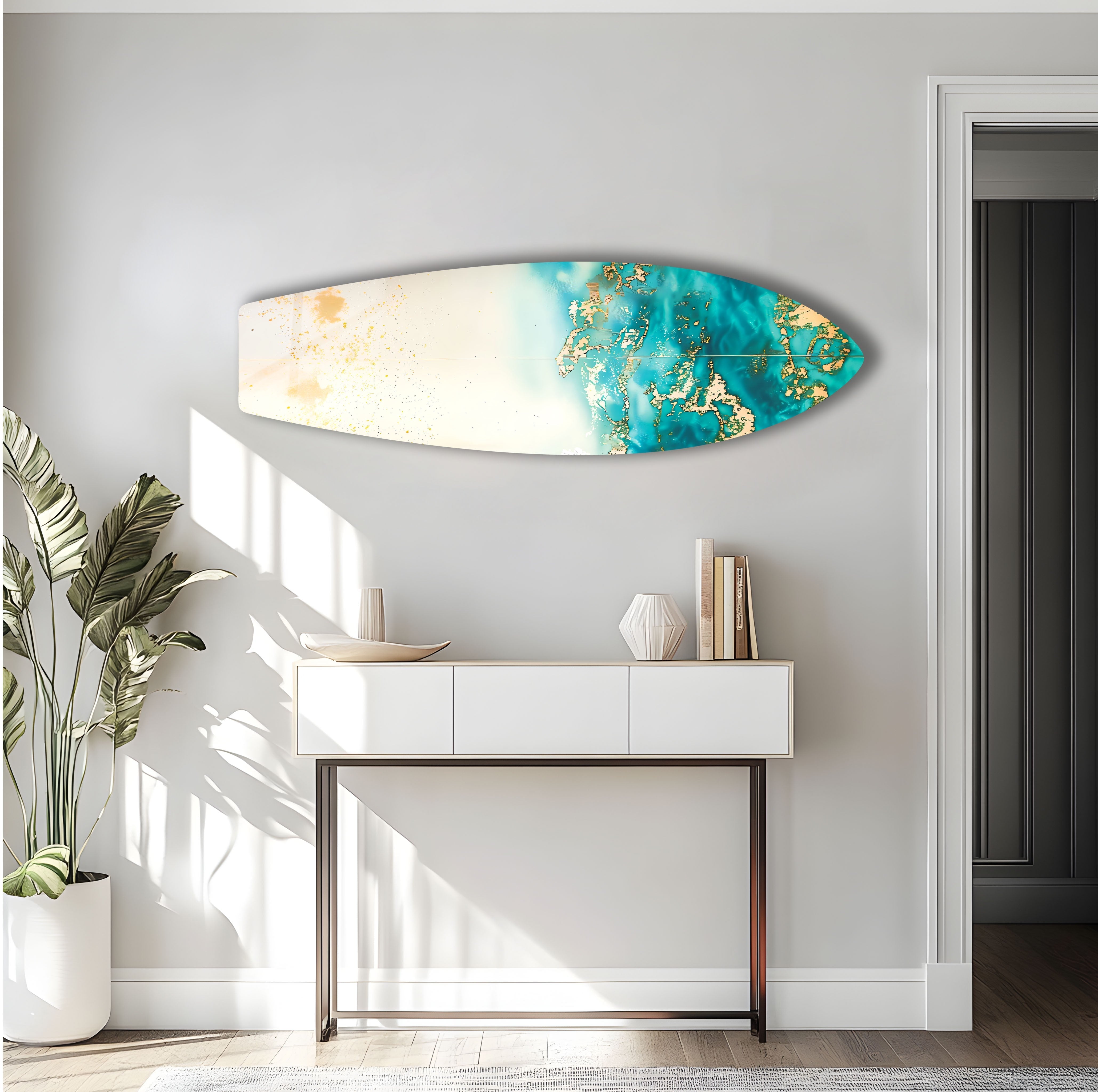 Blue Abstract Golden Details Surfboard Wall Art - Coastal Decor for Beach House, Living Room & Bedroom - Perfect Surfing Theme Home Decoration