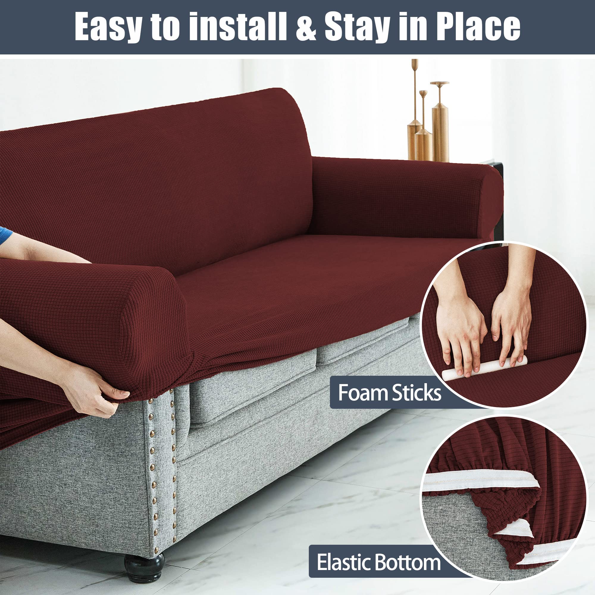 Stretch Sofa Slipcover Waterproof Couch Cover - Soft Furniture Protector with Elastic Bottom for Kids & Pets - Crimson (Large) - Perfect for Living Room, Family Room & Pet-Friendly Homes