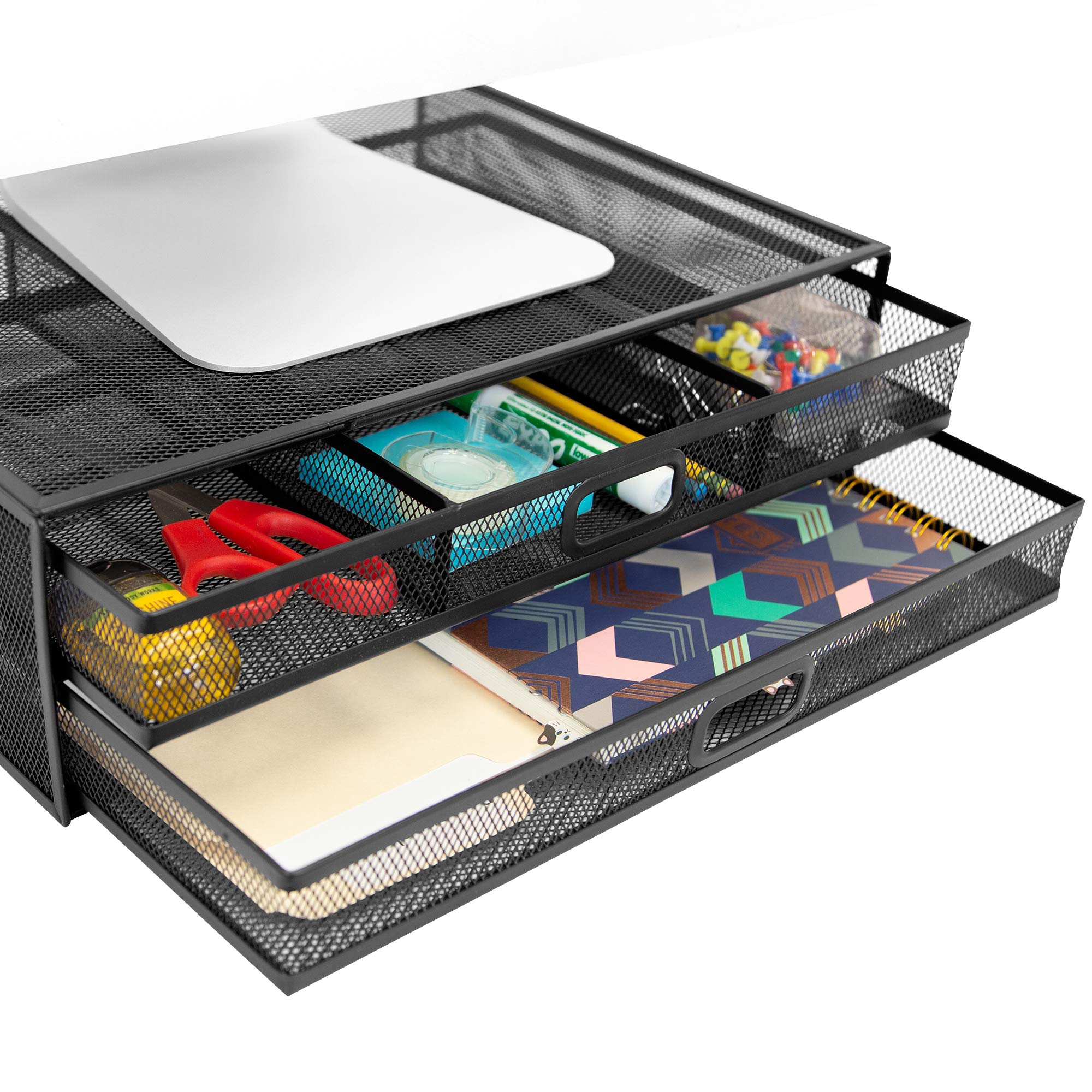MOUNT-IT! Black Metal Mesh Monitor Stand with Drawers - Adjustable Computer Screen Riser & Organizer for Laptops, Printers & Office Supplies - Perfect for Home Office & Workspace Organization
