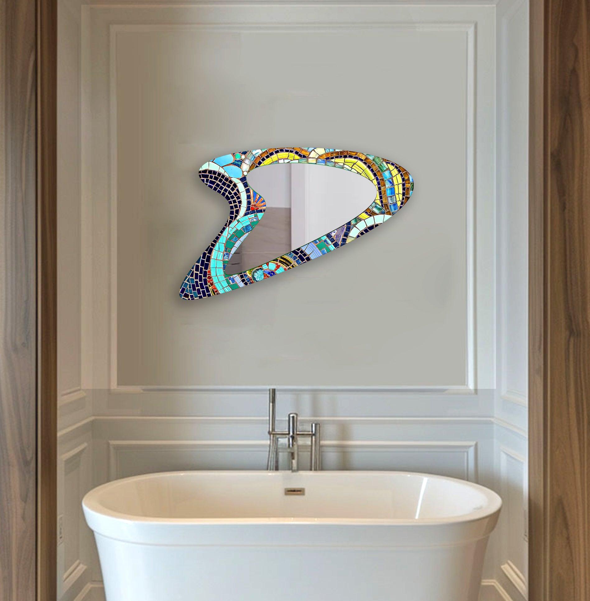 Vibrant Mosaic Decorative Glass Wall Mirror - Handcrafted Home Decor for Bathroom, Bedroom & Entryway - Adds Bohemian Style to Any Space