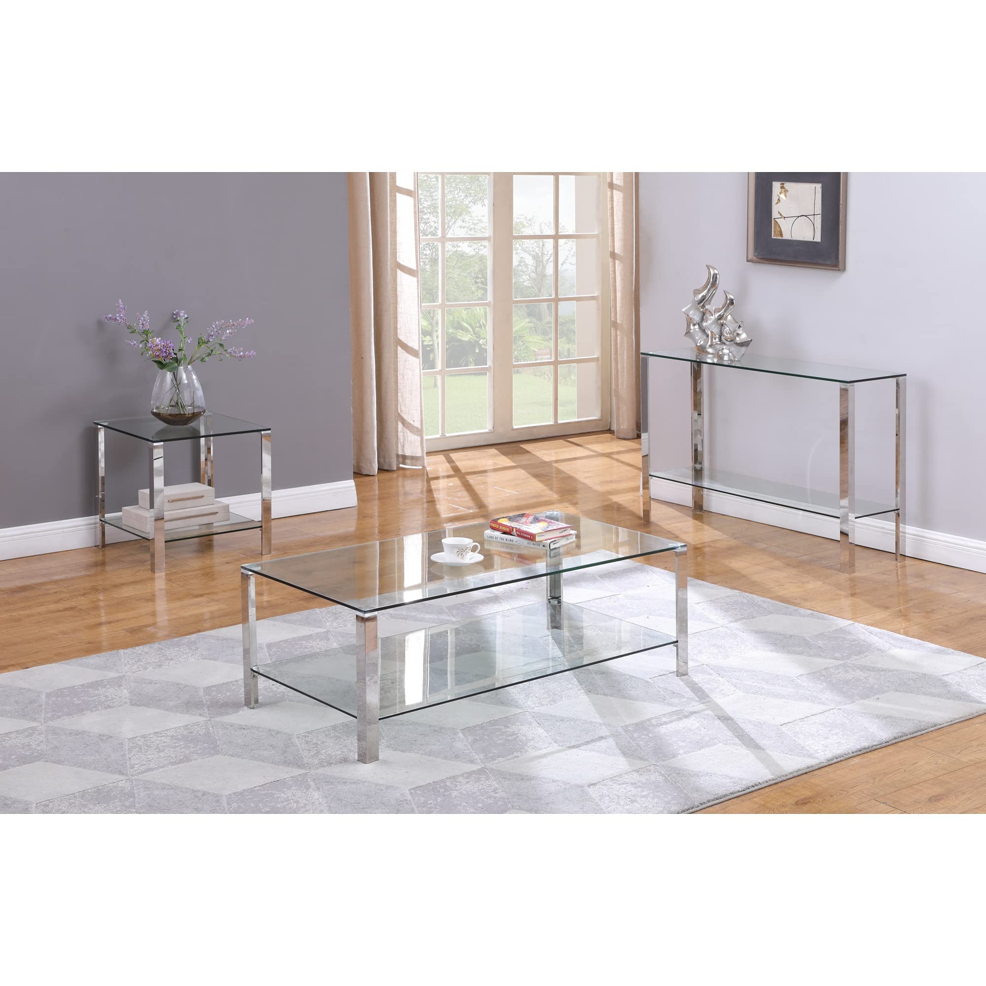 Chintaly Imports Modern Rectangular Glass & Stainless Steel Cocktail Table - Clear Transparent Design for Living Room, Lounge & Outdoor Patio Decor