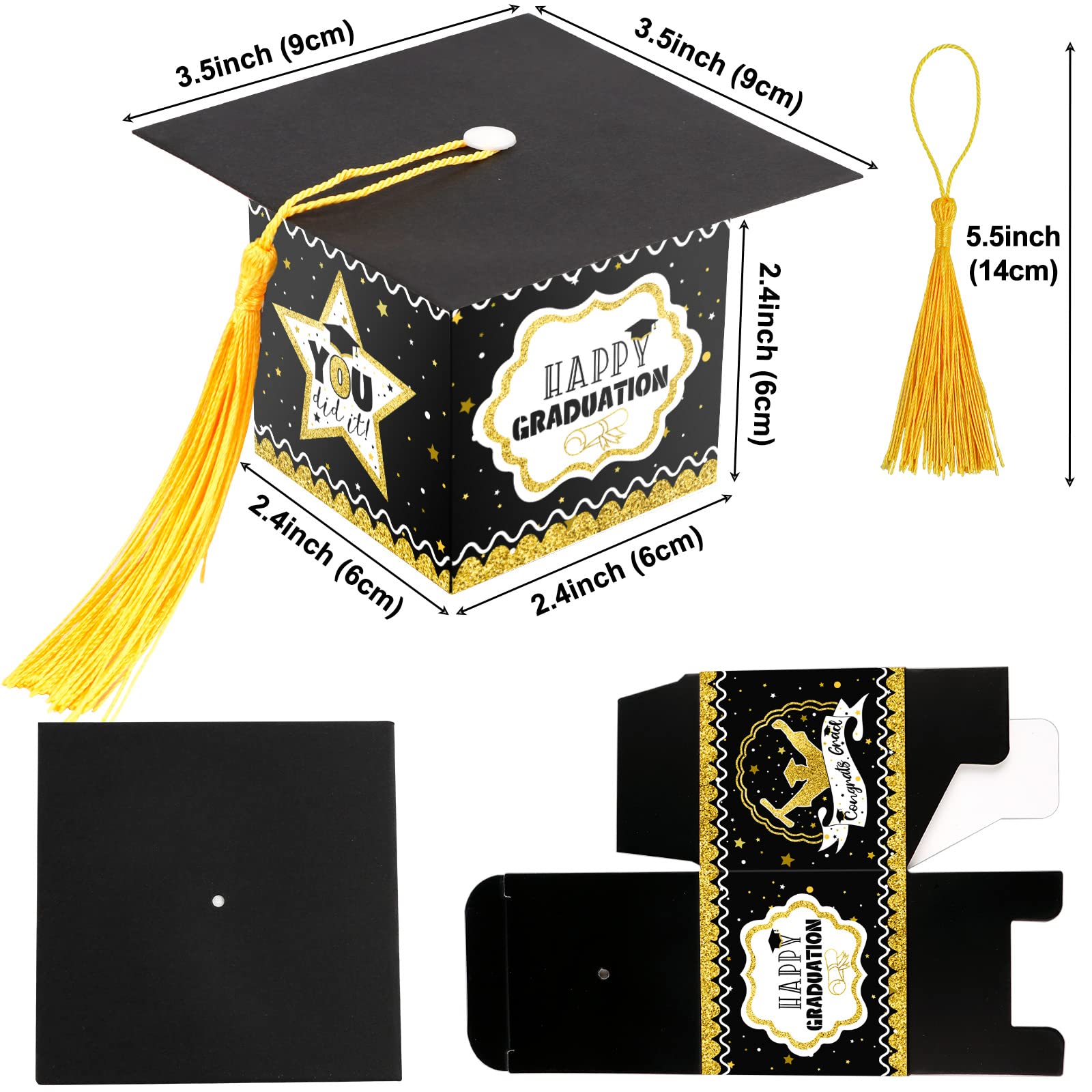AerWo 30Pcs Gold and Black Graduation Party Favors - Congrats Grad Decorations, Graduation Cap Gift Box & Candy Box - Perfect for College & High School Graduation Party Decor 2025 - Great for Graduation Ceremonies, Open House Events & Commencement Celebrations