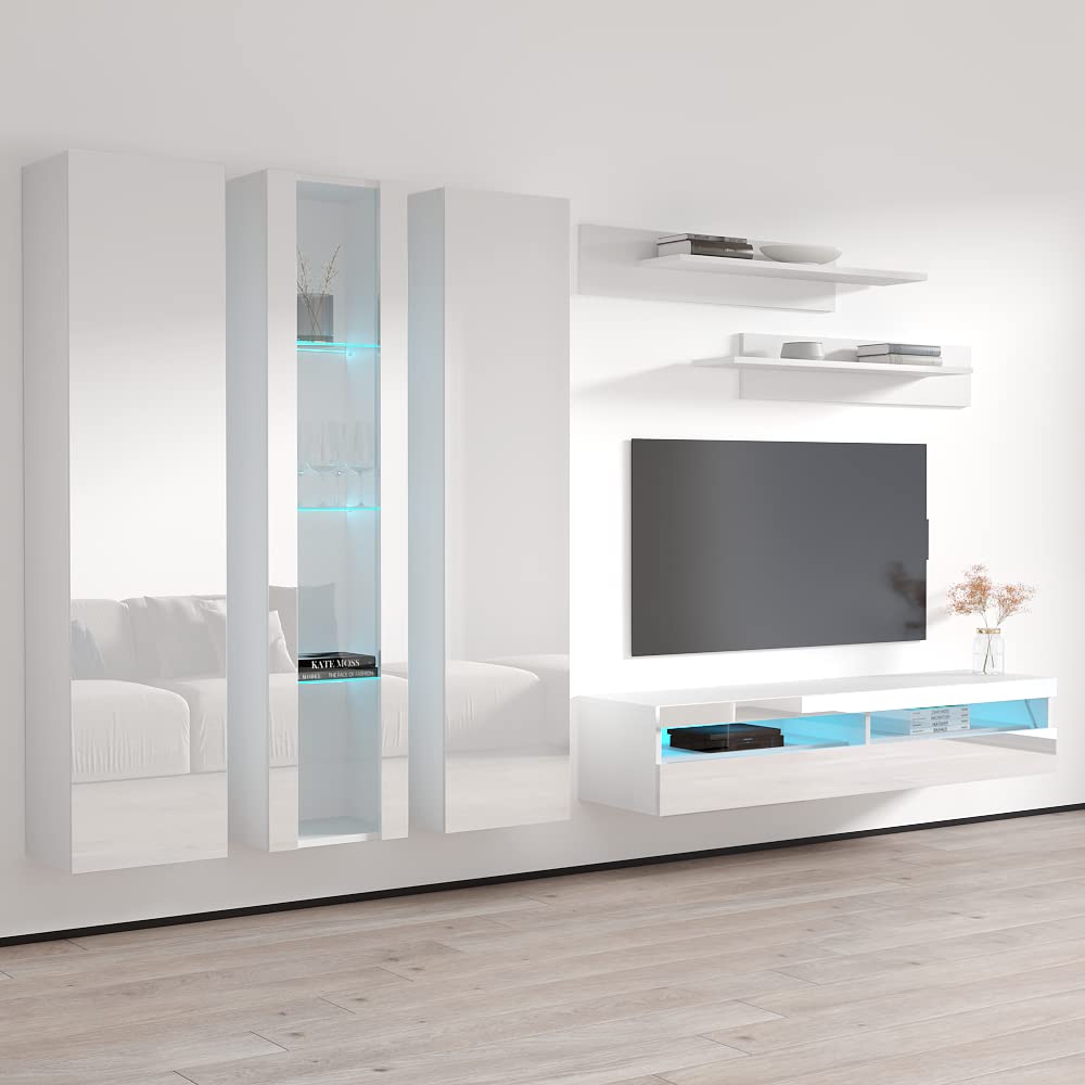 Modern Floating TV Stand with Storage & LED Lights - Wall-Mounted Entertainment Center Console for Bedroom & Living Room - White Meble Furniture Fly C4 35