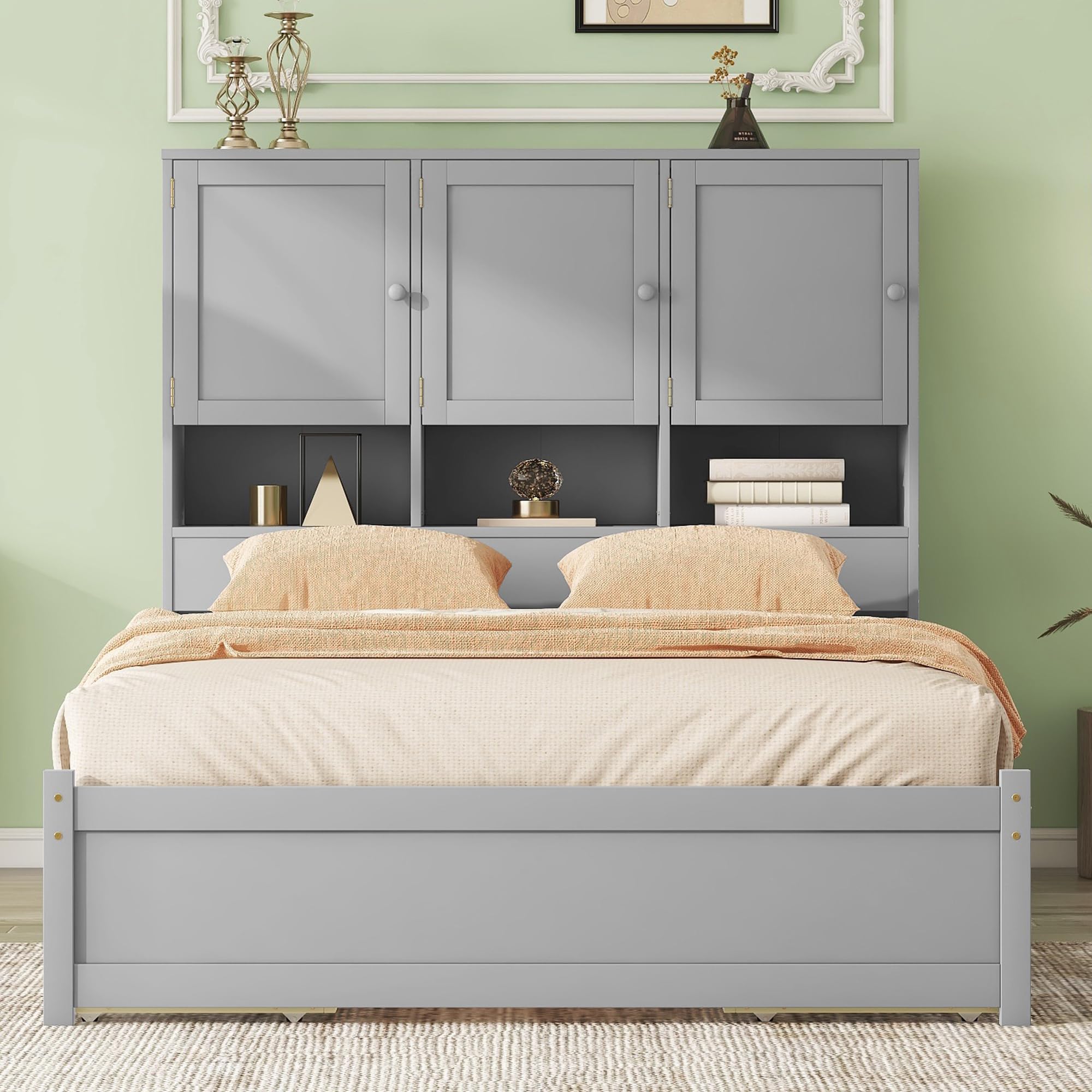 Harper & Bright Designs Queen Size Storage Bed Frame - Solid Wood Platform Bed with Bookcase Headboard & 4 Drawers - No Box Spring Needed - Perfect for Kids, Teens & Adults Bedroom - Modern Gray Furniture for Small Spaces & Dorm Rooms