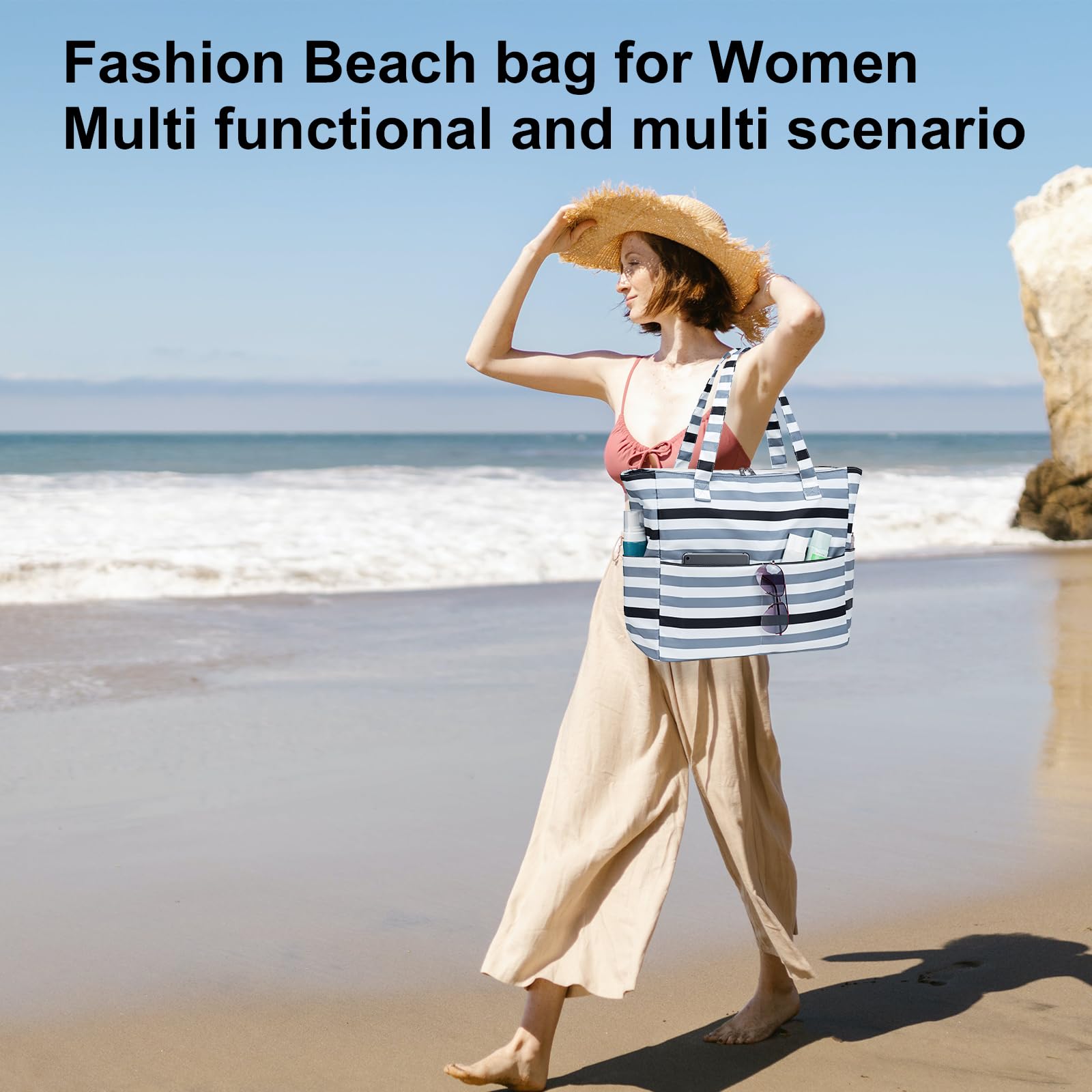 Waterproof Sandproof Beach Tote Bag for Women - Large Zippered Pool Bag with Wet Pocket - Perfect for Gym, Shopping, Travel & Beach Outings