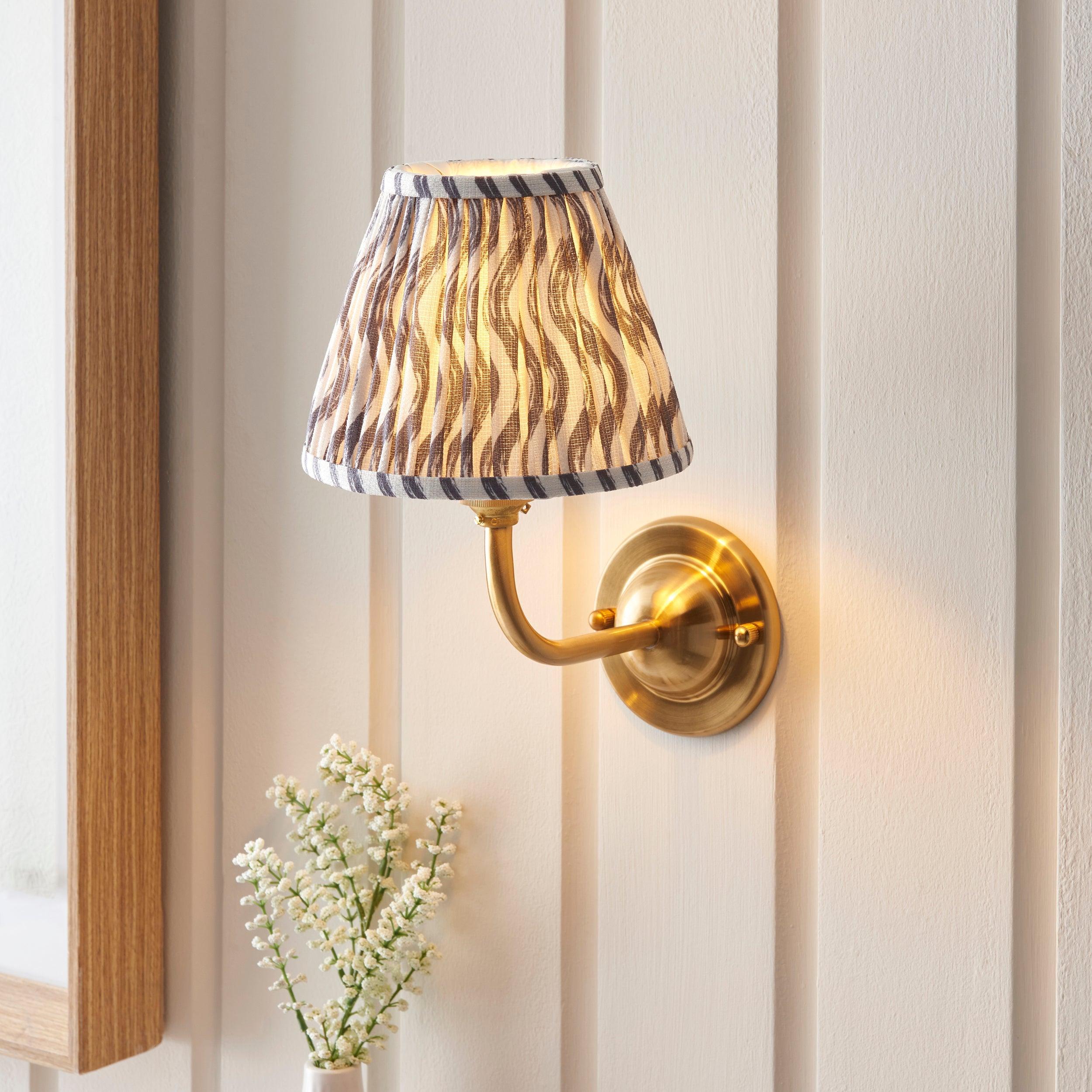 Dome Arc Brass Wall Light with 16cm Pearl Grey Ripple Shade - Elegant Vintage Lighting for Living Room, Bedroom & Hallway
