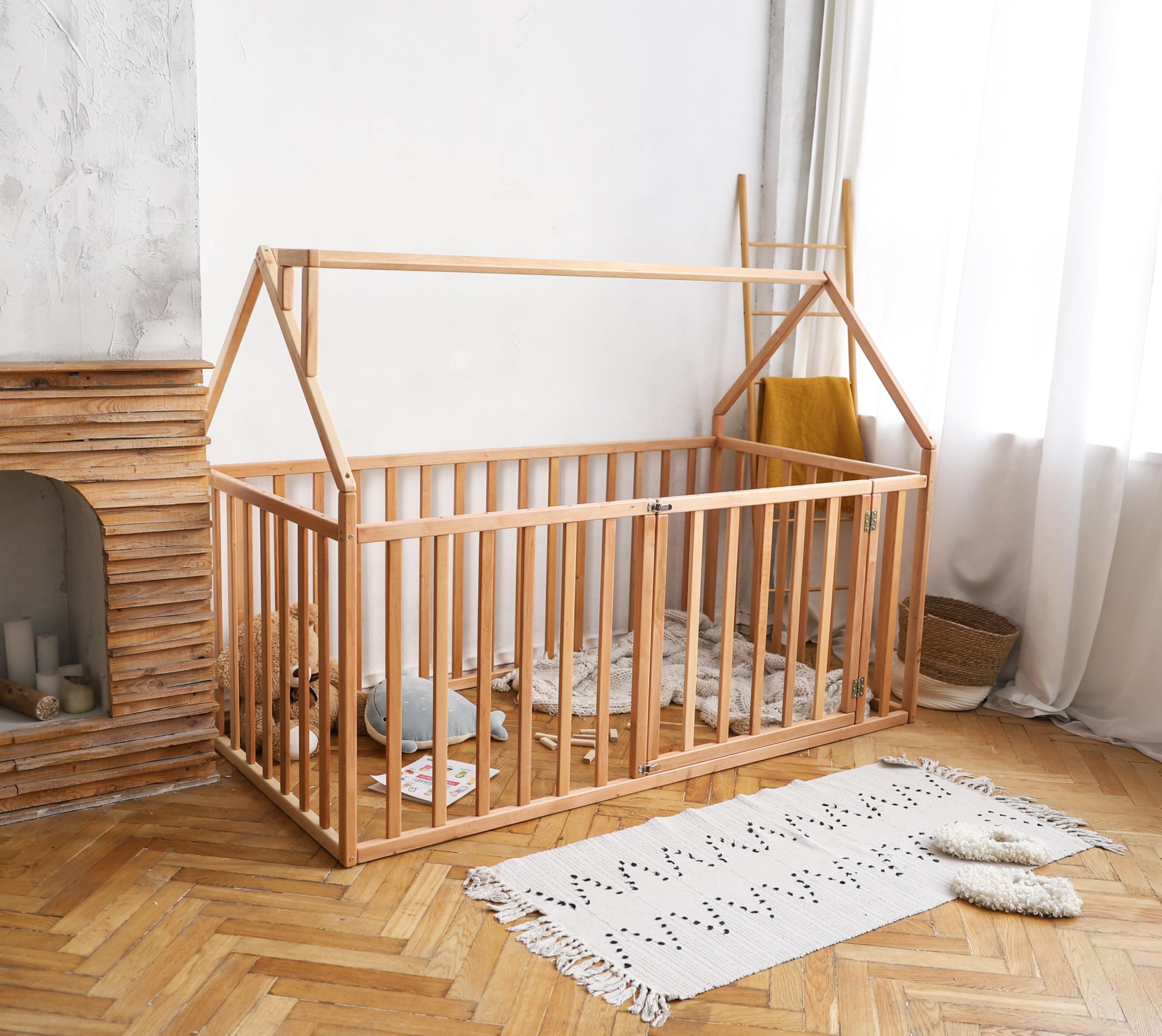 Montessori Floor Bed for Toddlers - Full & Queen Size Toddler Bed with Safety Rails - Solid Wood Frame - Kids Room, Daycare, Nursery - Model 21