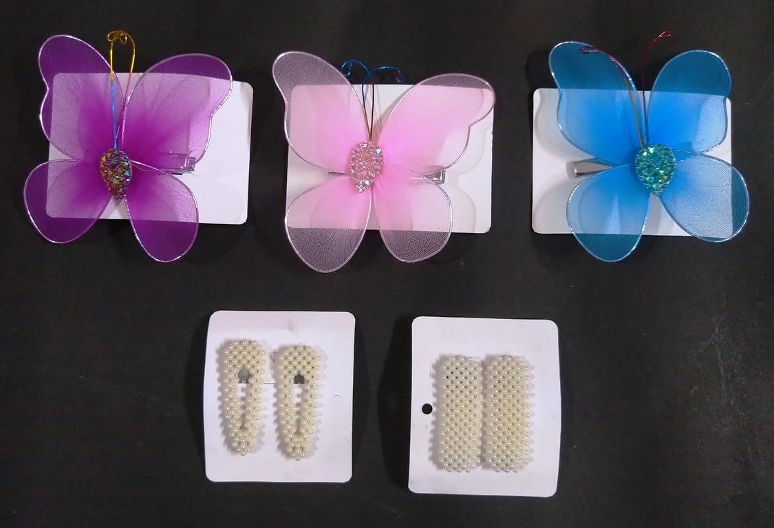 PRW Hair Accessories Set - 3 Butterfly Hair Clips & 2 Pairs of Barrettes for Women & Girls | Perfect for Weddings, Parties & Daily Styling