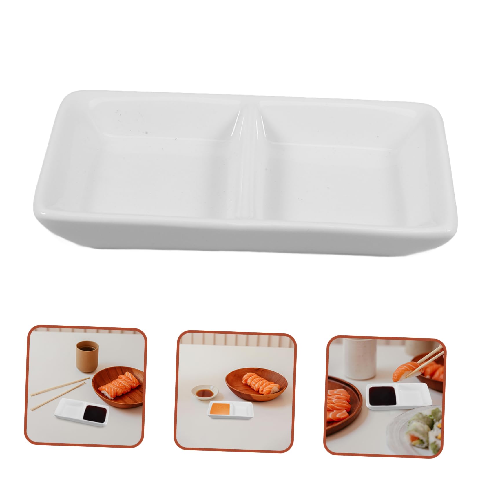 Cabilock 2-Compartment Porcelain Dipping Sauce Bowls - Mini Divided Condiment Dishes for Sushi, Dumplings & Appetizers - White Ceramic Tasting Saucers for Parties & Dining