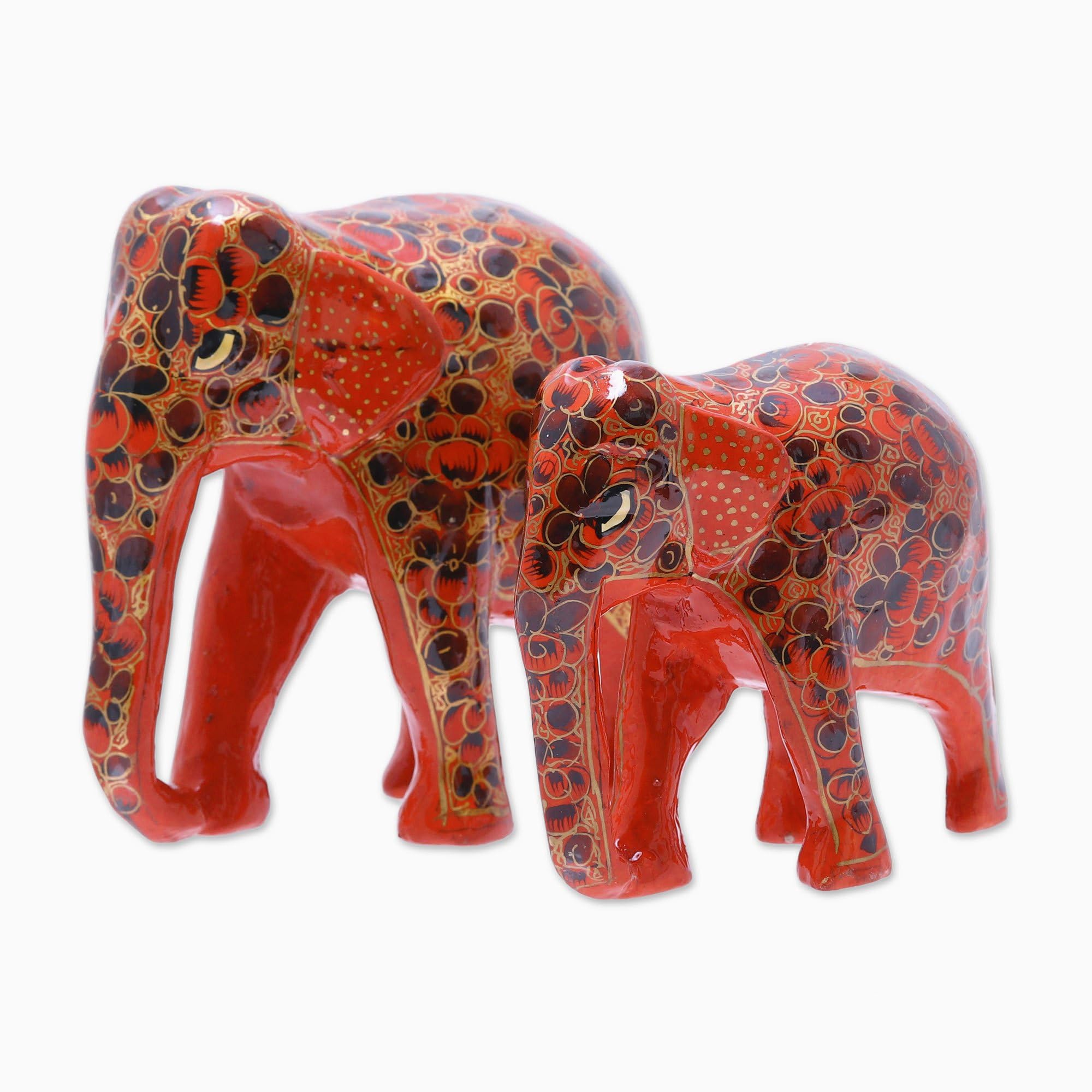Handmade Red Papier Mache and Wood Elephant Sculpture Pair - 'Red Connection' - Unique Home Decor & Gift for Elephant Lovers | Perfect for Living Room, Office, or Meditation Space