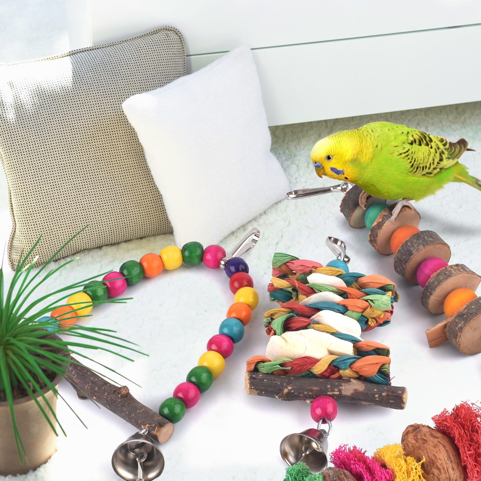 **7 Pack Bissap Bird Chew Toys - Natural Wood Parrot Hanging Cage Toys, Perch Stand for Small Birds - Conure, Cockatiel, Parrotlet, Lovebird, Budgie - Perfect for Cage Enrichment & Playtime**