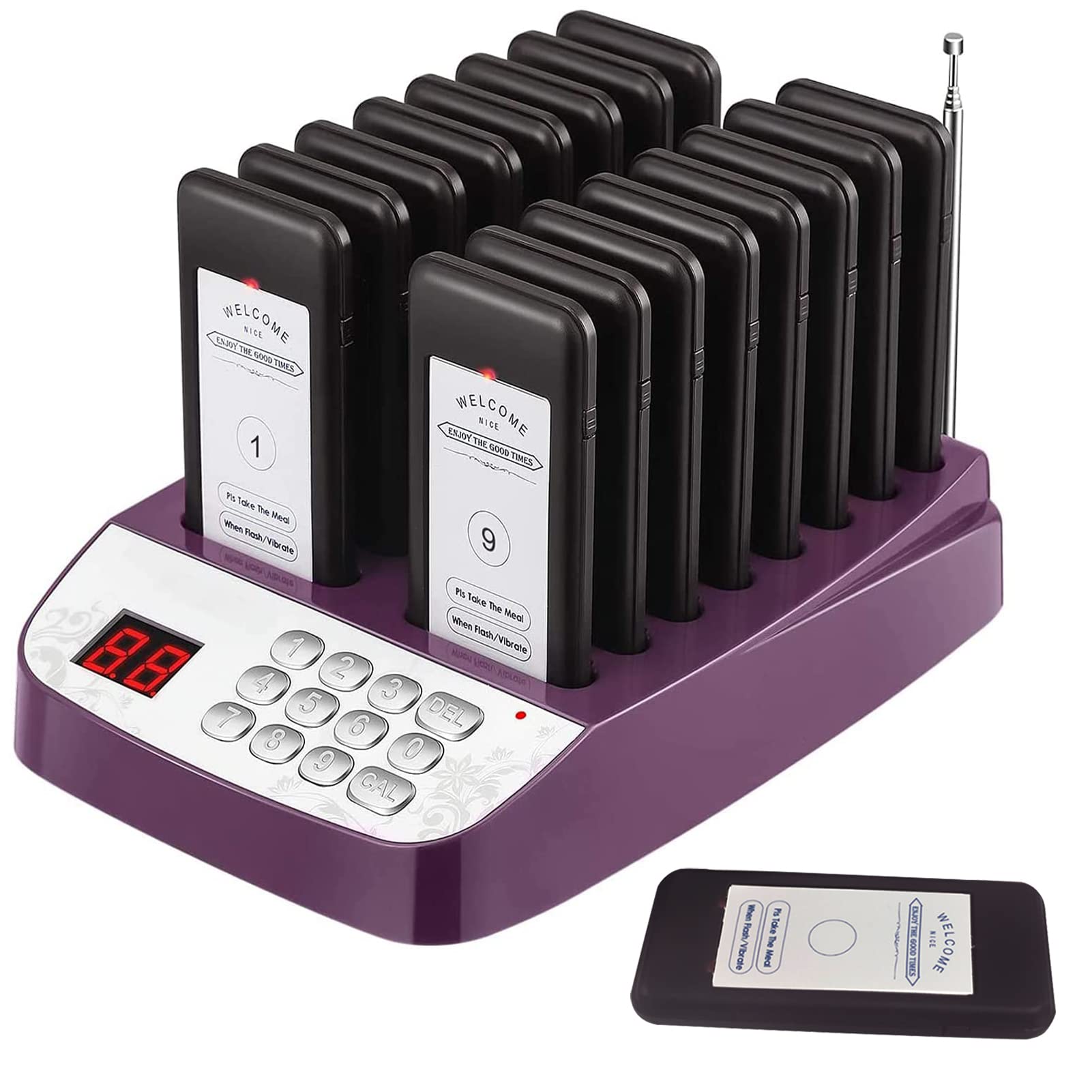 16-Pager Wireless Restaurant Calling System with Vibration & Flashing Alerts - Purple | Ideal for Social Distancing in Restaurants, Food Trucks, Hospitals, Clinics & Churches
