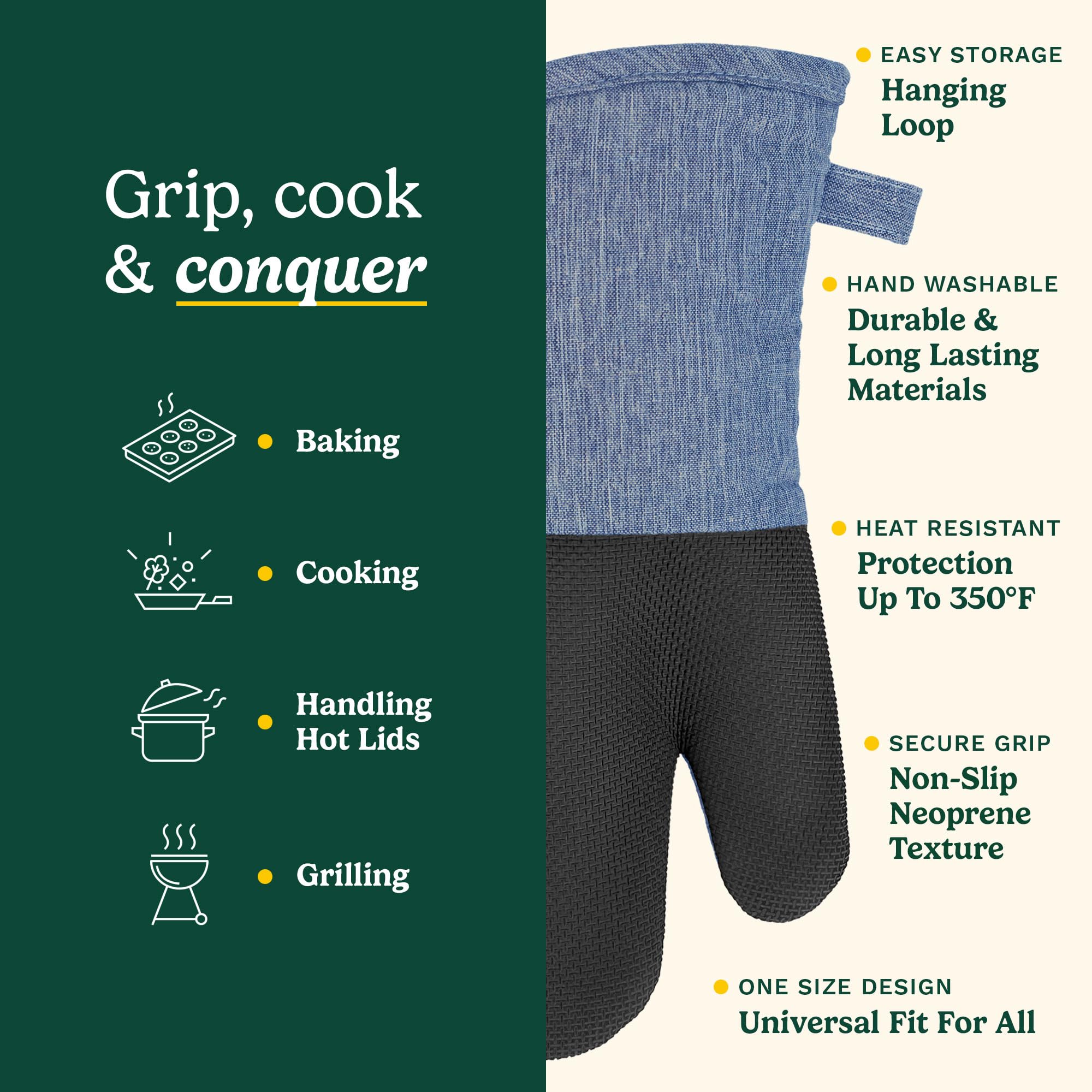 Cuisinart Heat-Resistant Oven Mitts - Non-Slip Neoprene Kitchen Gloves with Cotton Filling & Long Cuff - Durable Cooking, Baking & Grilling Mitts (Chambray) - Perfect for Baking Cookies, Roasting Turkey & BBQ Grilling