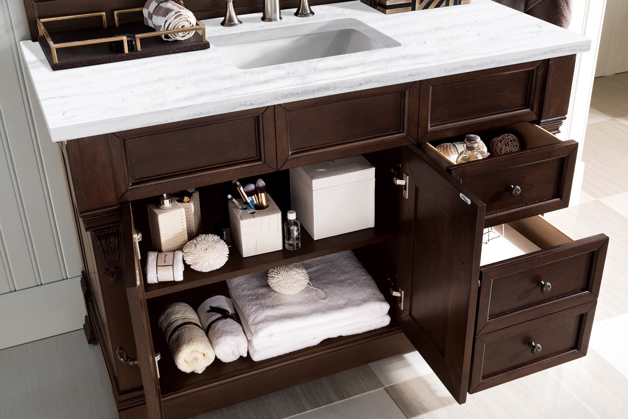 Brookfield 48 Inch Single Bathroom Vanity with Burnished Mahogany Finish & 3CM Arctic Fall Solid Surface Top - Perfect for Modern Home Bathroom Renovation